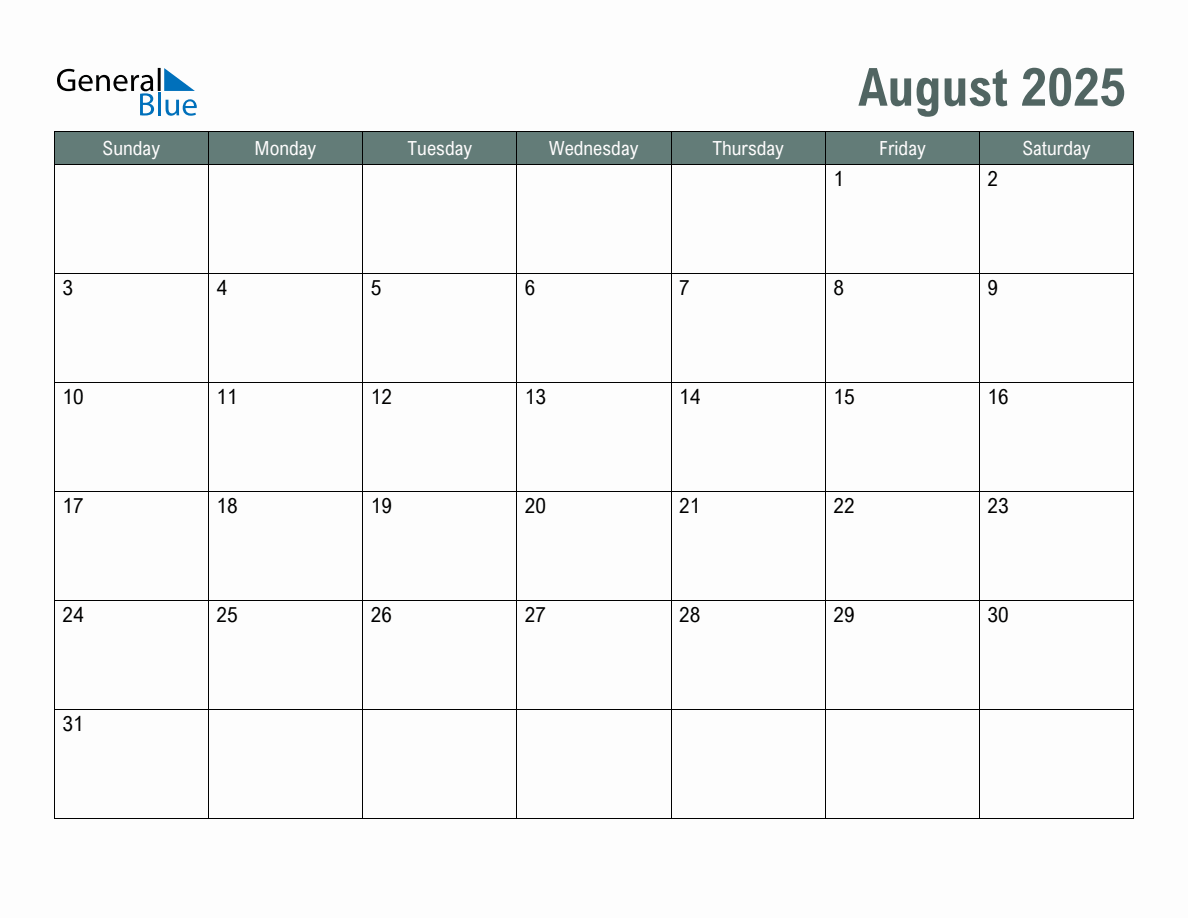 1188x918 Blank August 2025 Monthly Calendar Template