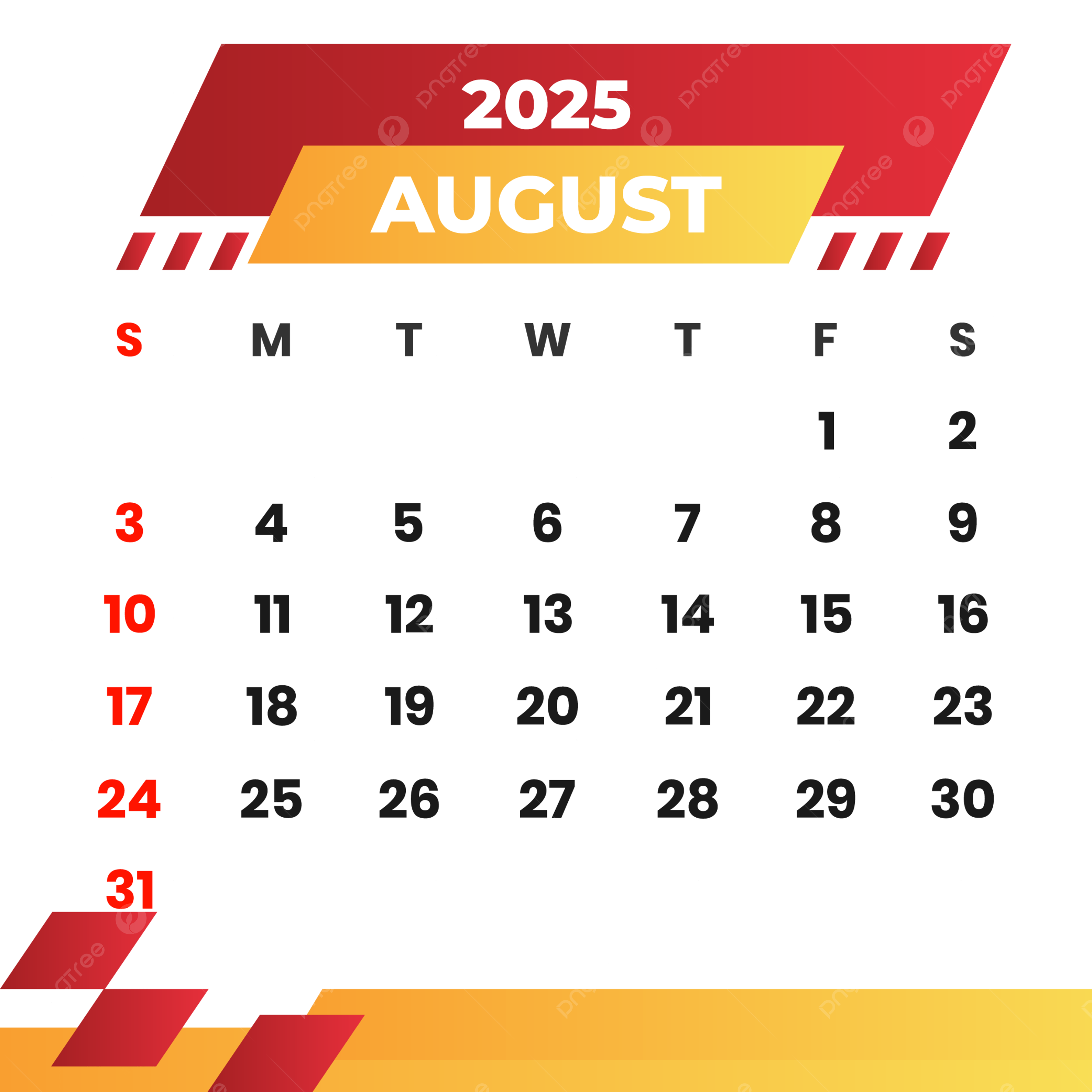 2500x2500 Red Calendar 2025 August Clipart Vector, Month, Calendar, August PNG and Vector with Transparent Background for Free Download