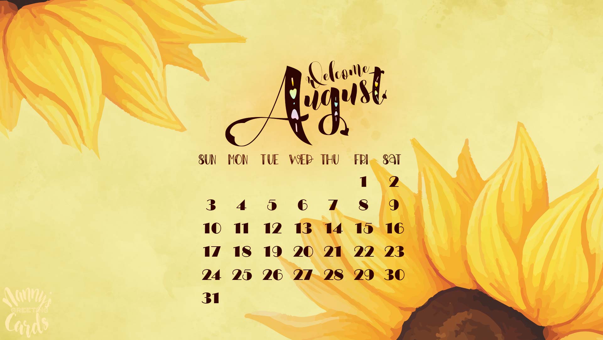 1920x1081 Sunny Sunflower August 2025 Desktop Wallpaper with Calendar