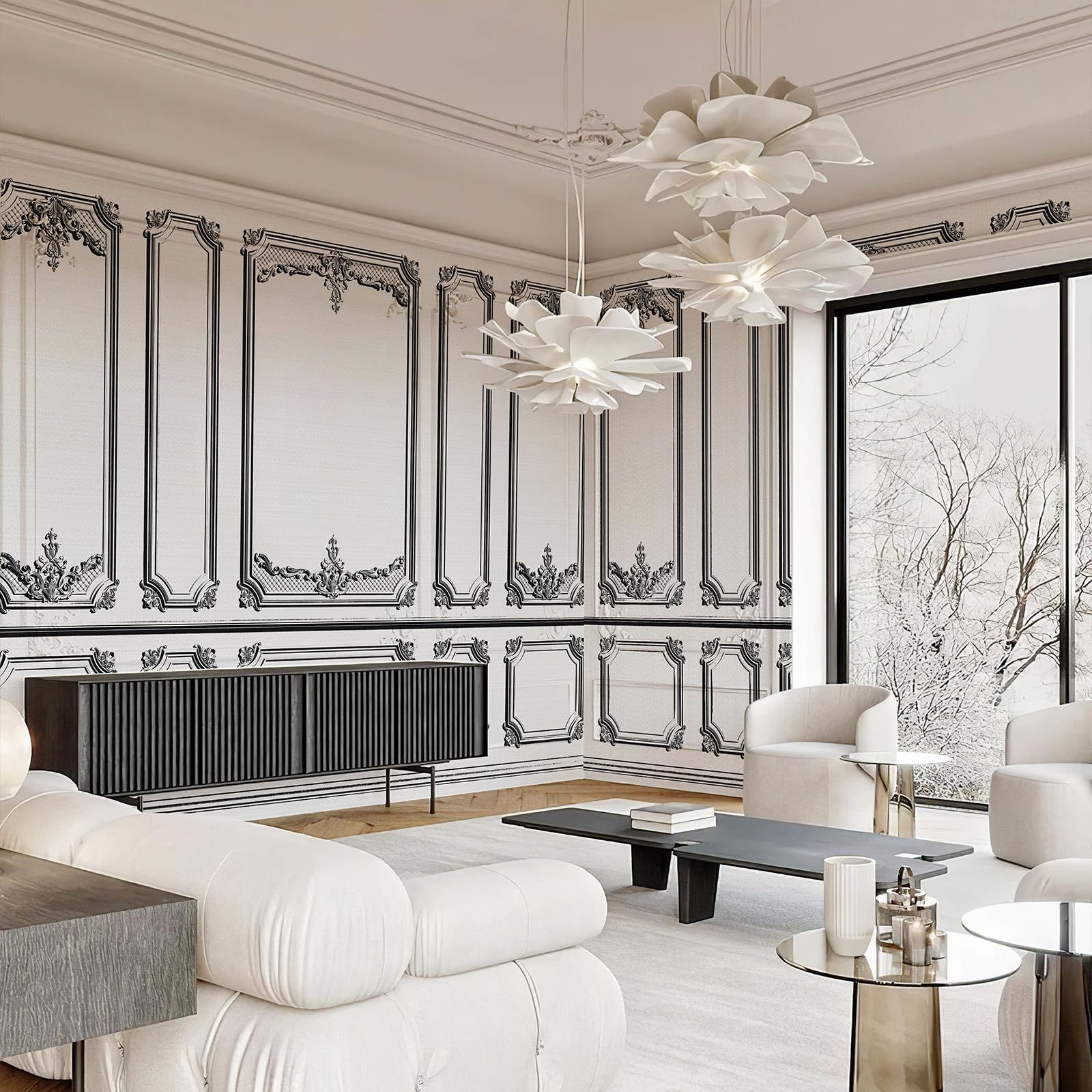 1600x1600 French Wall Mural Peel and Stick 3D Classic Interior Wall with Mouldings Mural Vintage Wallpaper 148 W x 98 H Black and White Wallpaper Background