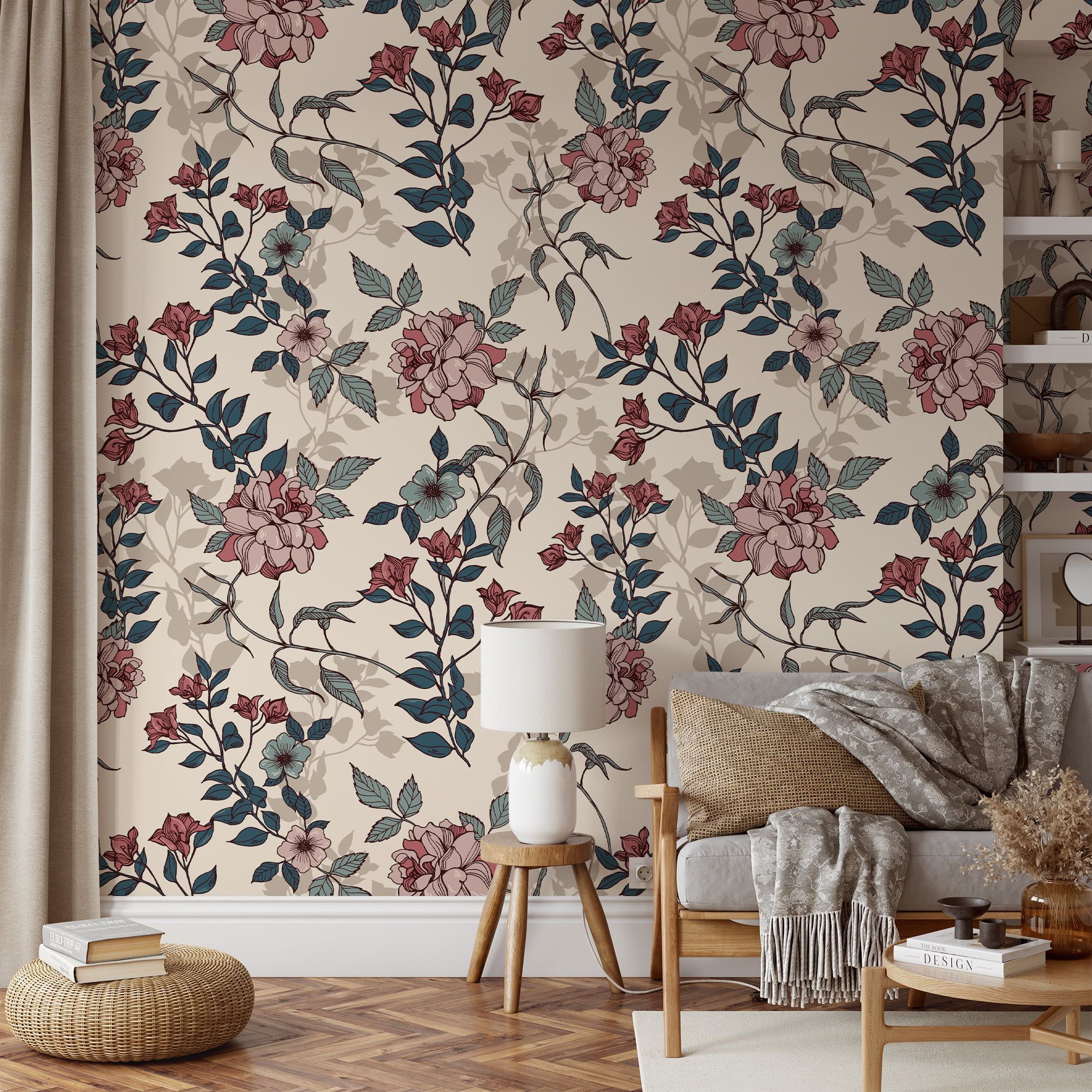 2000x2000 Vintage Flowers Illustration Pattern Wallpaper, Vintage Floral Charm Peel & Stick Wall Mural