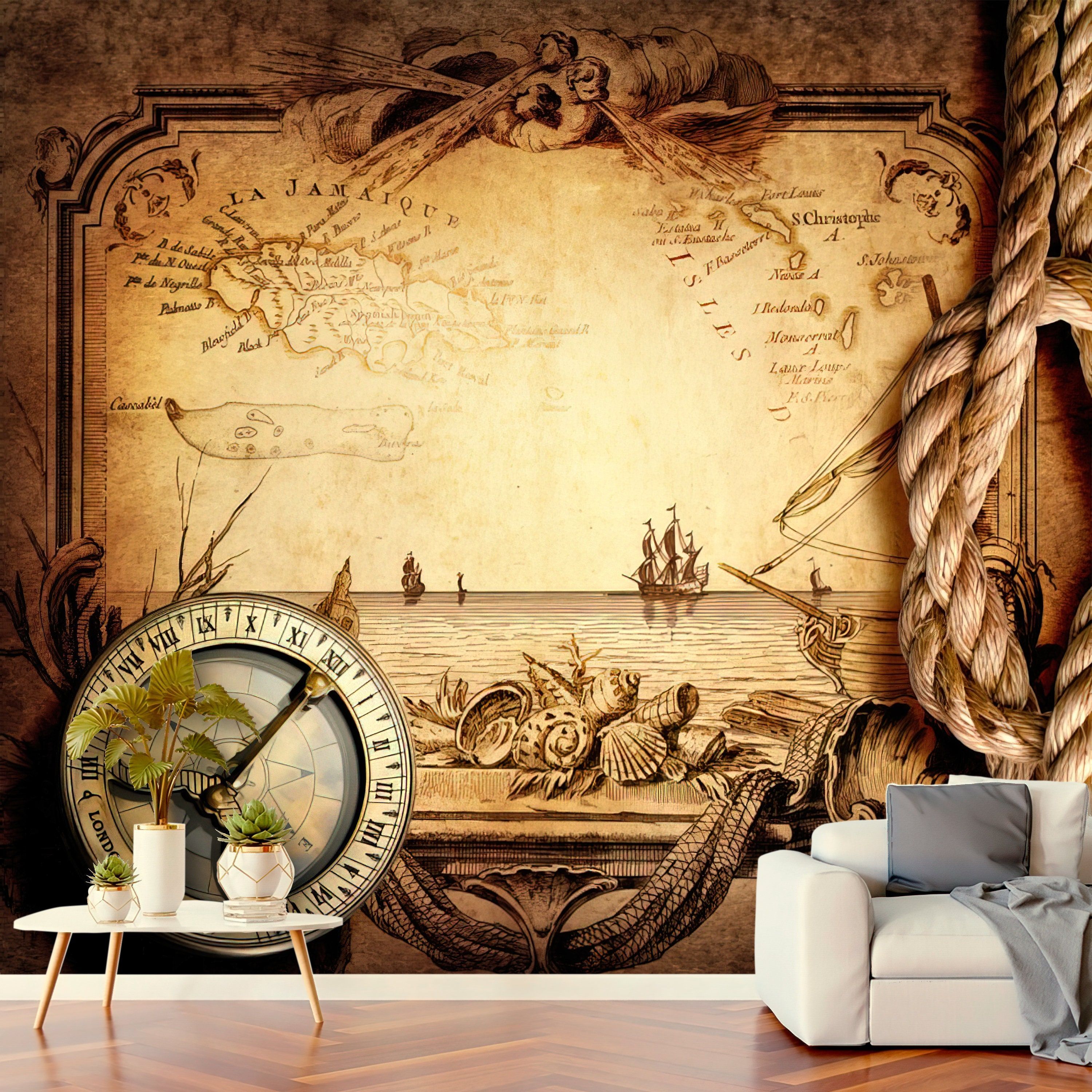 3000x3000 Wallpaper Vintage Nautical Composition Map Compass Wallcovering On Non Woven Basis Print Wall Art Wall Decor