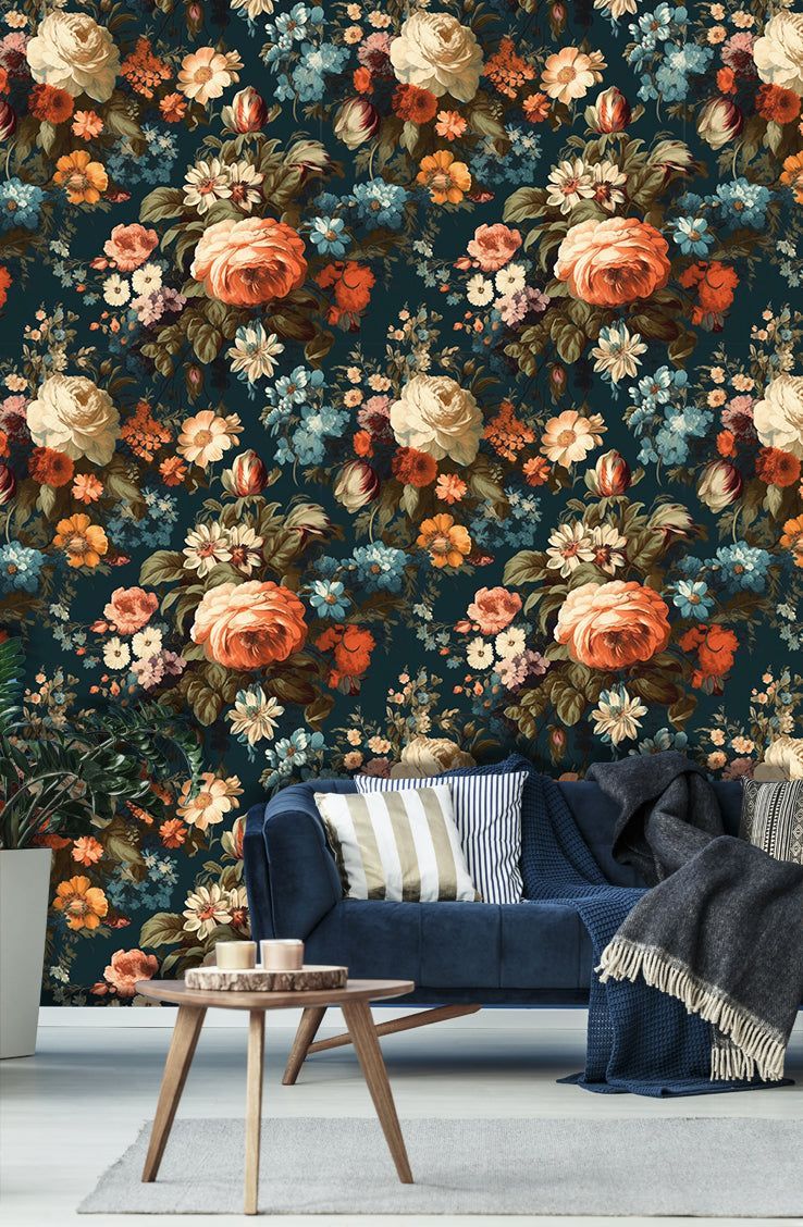 738x1128 HaokHome Dark Botanical Vintage Floral Wallpaper Roses, Blue Daisies & White Peonies on Deep Teal Background