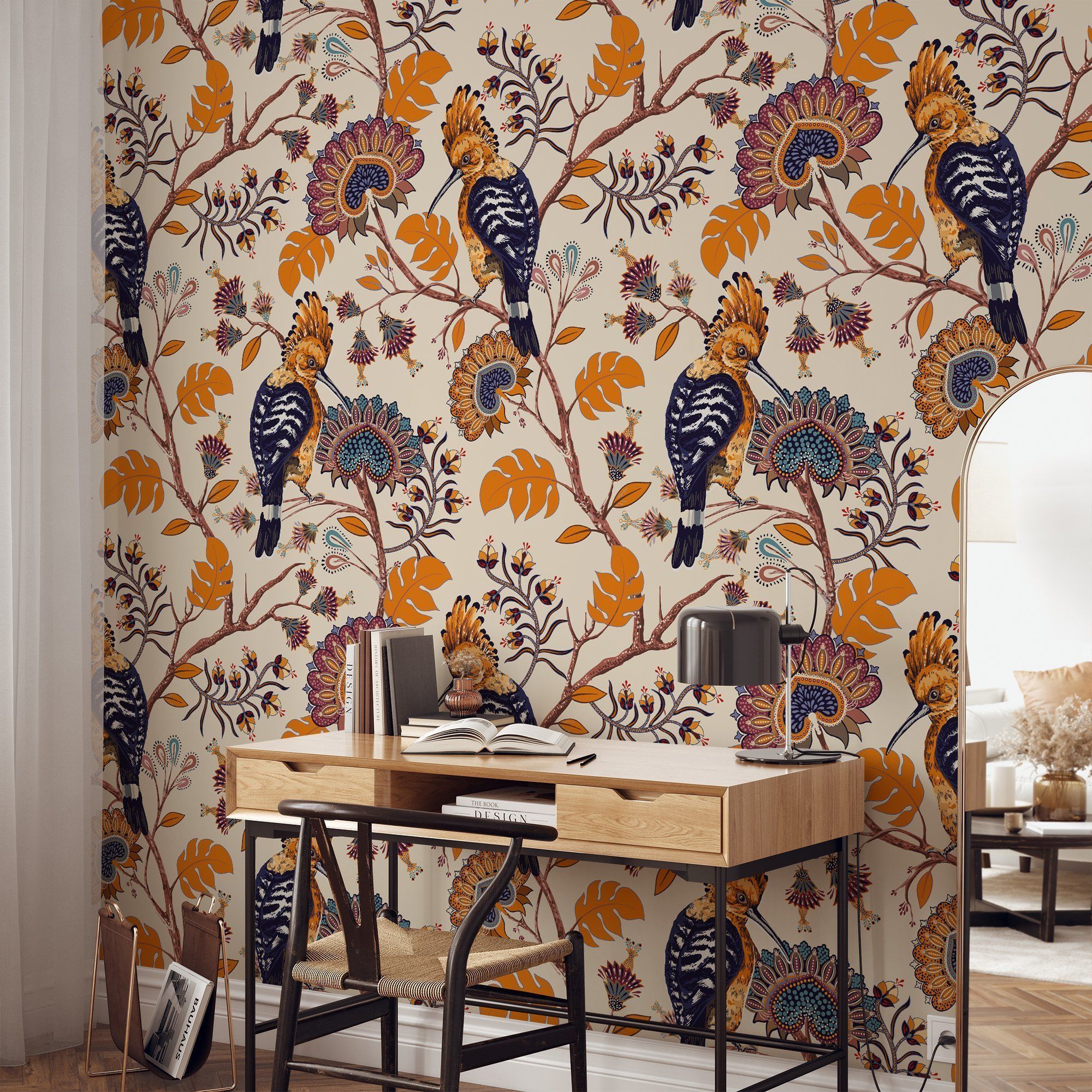 2000x2000 Paisley Floral Design With Exotic Birds Illustration Wallpaper, Vintage Inspired Home Decor Peel & Stick Wall Mural