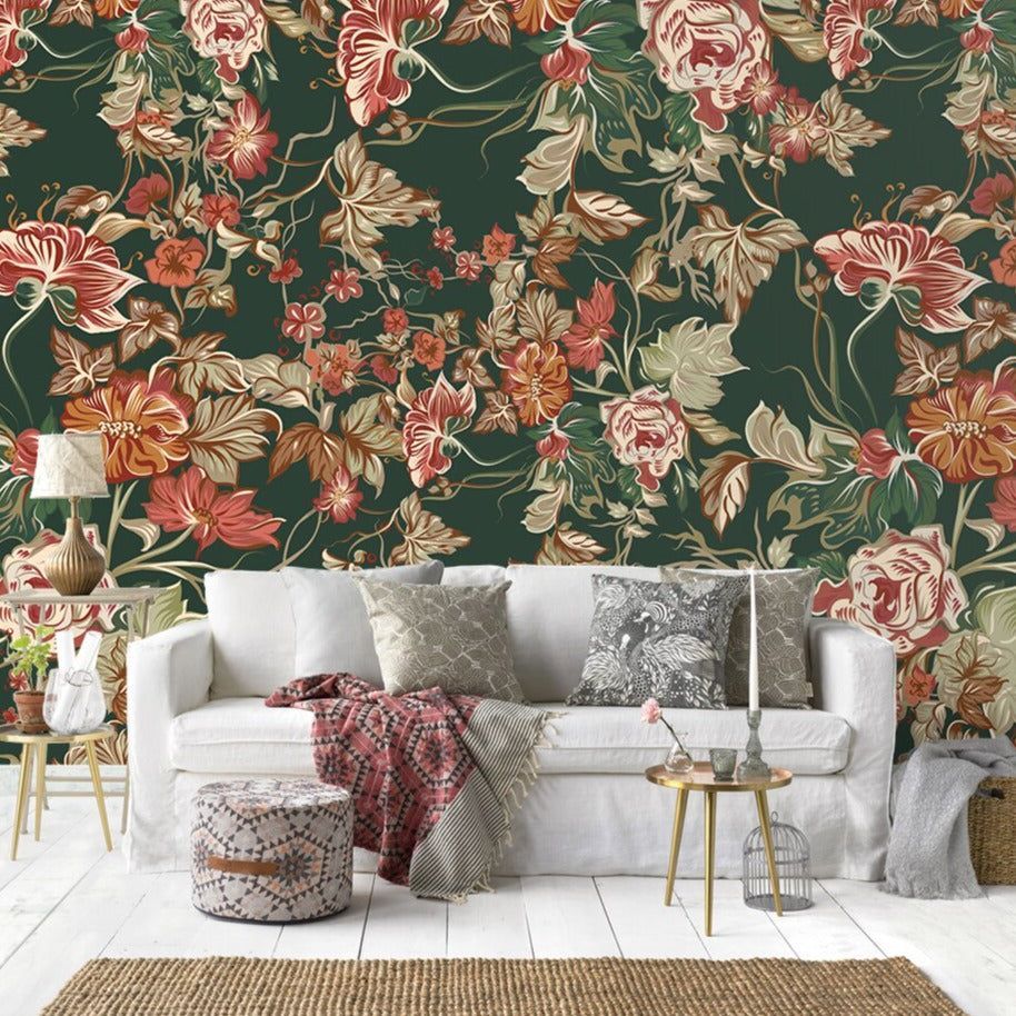 914x914 Custom Mural Wallpaper Vintage Green Idyllic Flowers