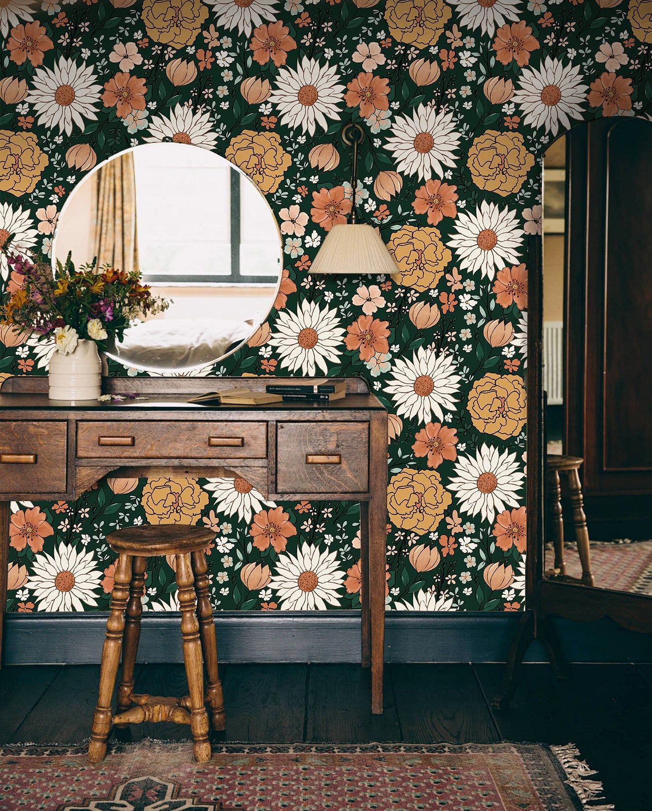 1320x1642 HaokHome Floral Peel And Stick Wallpaper Boho Wall Paper Vintage Removable For Bedroom Contact Paper Green Terracotta