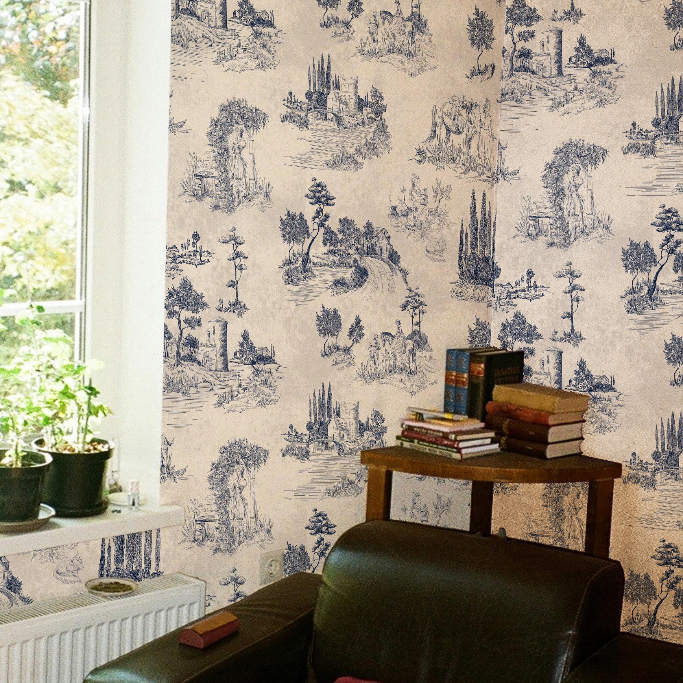 2362x2362 Vintage Monochrome Landscape Wallpaper French Toiles Wall Covering for Elegant Home Decor