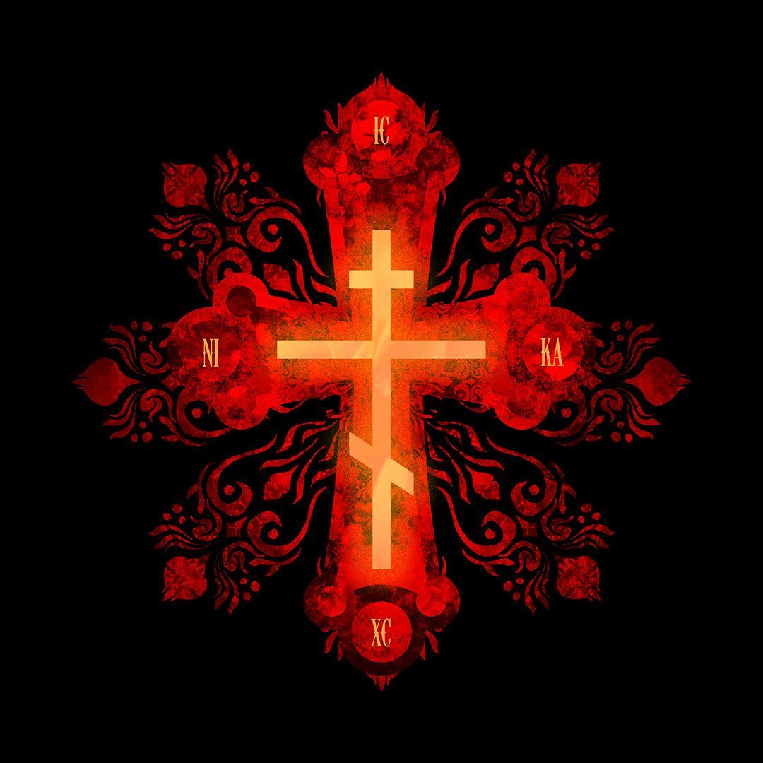 1080x1080 Red Gold Cross In Russian Animation Style Orthodox Christian T Shirt