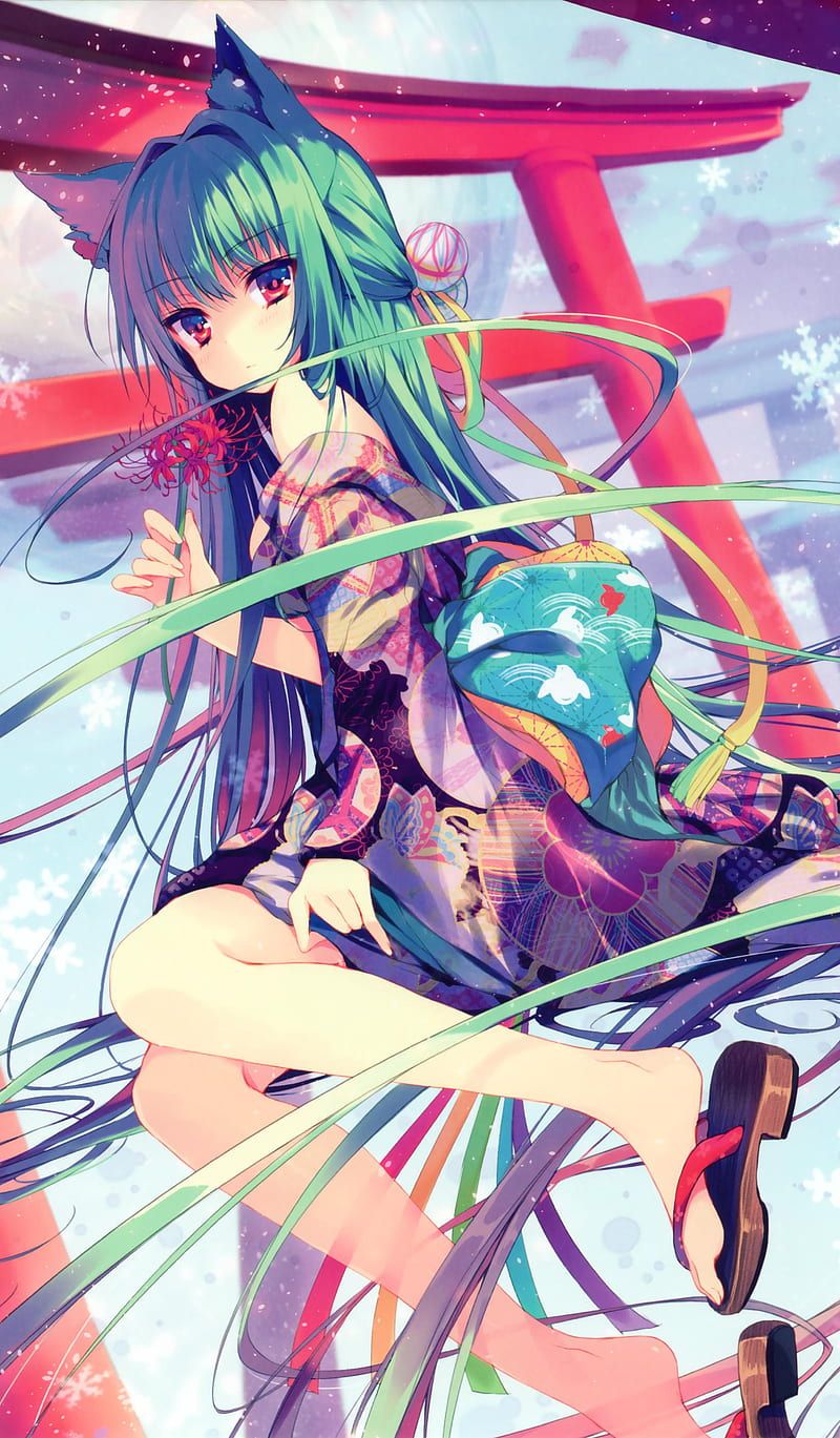 800x1369 KEMONOMIMI Girl, anime girl, fox, kimono, HD phone wallpaper