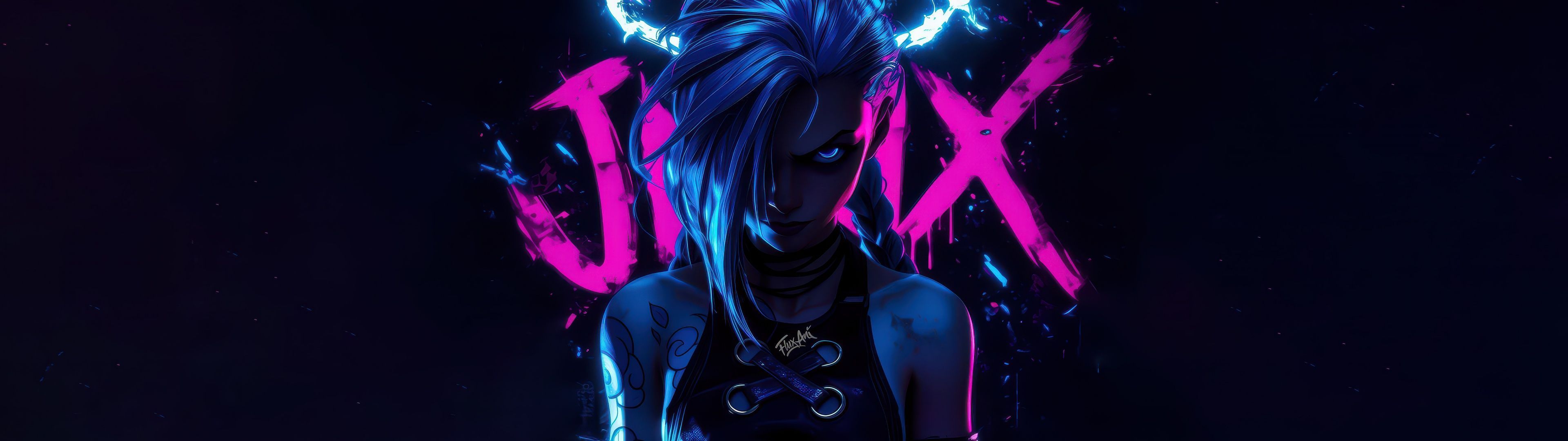 3840x1080 Jinx (Arcane) Wallpaper 4K, Neon art, Dark background, 5K