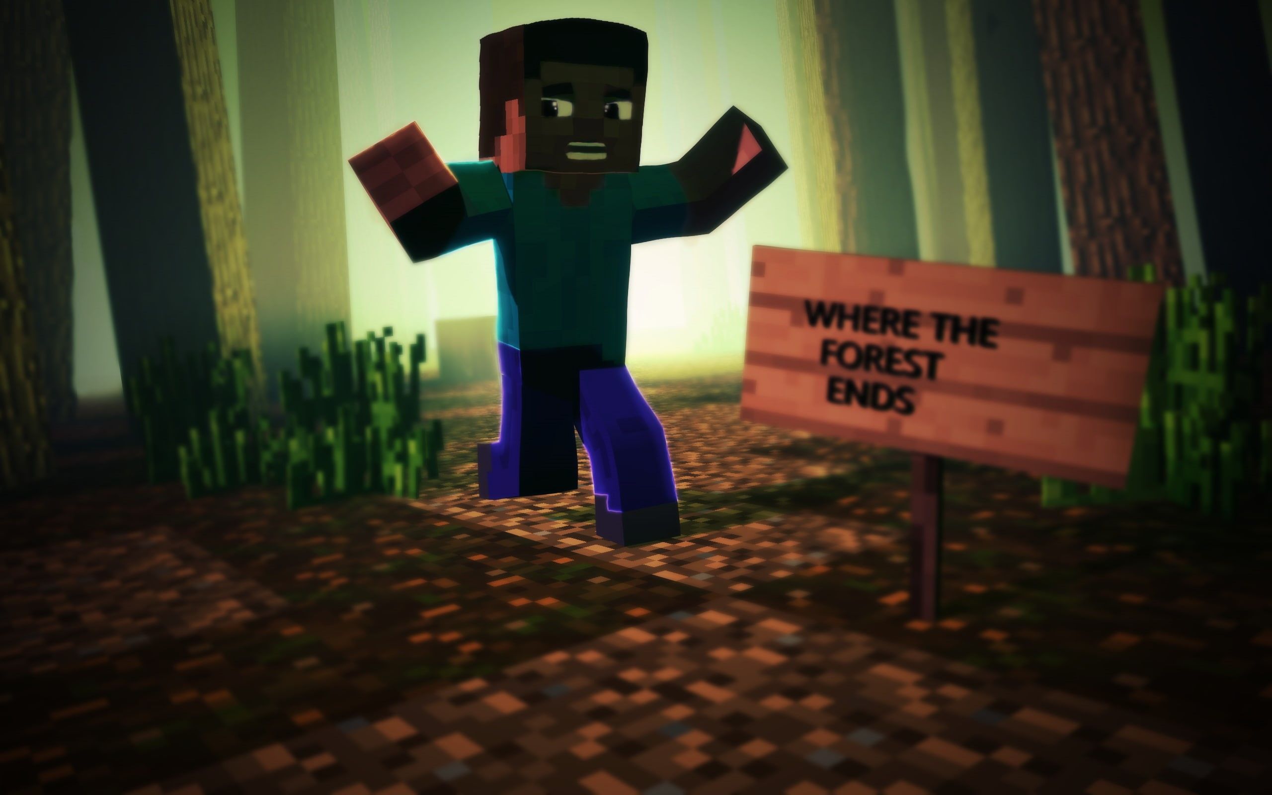 2560x1600 outdoors, nature, standing, day, male likeness, real people, forest, Minecraft, human representation, Steve, focus on foreground, one person, text, front view HD Wallpaper