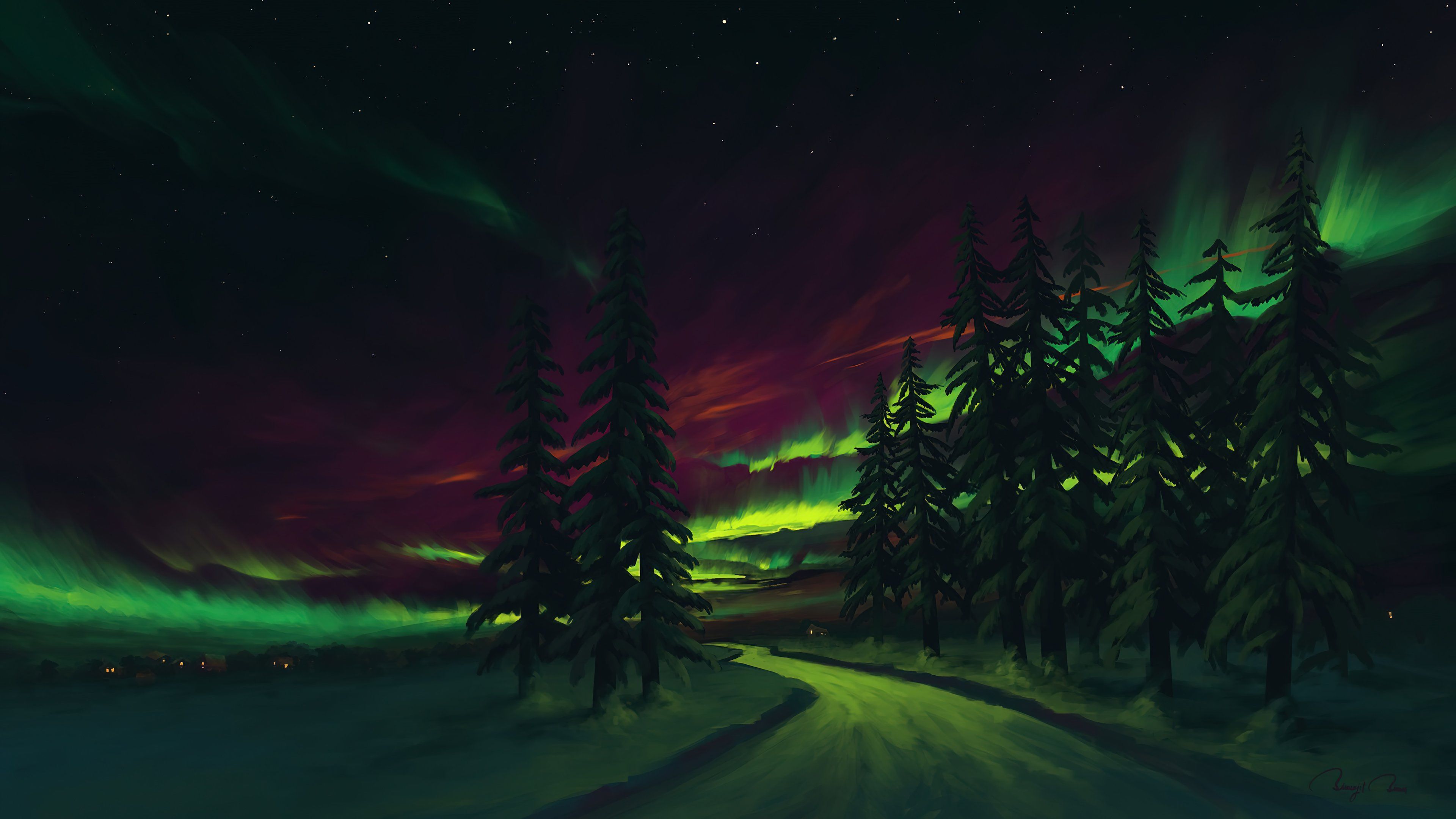 3840x2160 Aurora Borealis in the forest Wallpaper 4k for Desktop