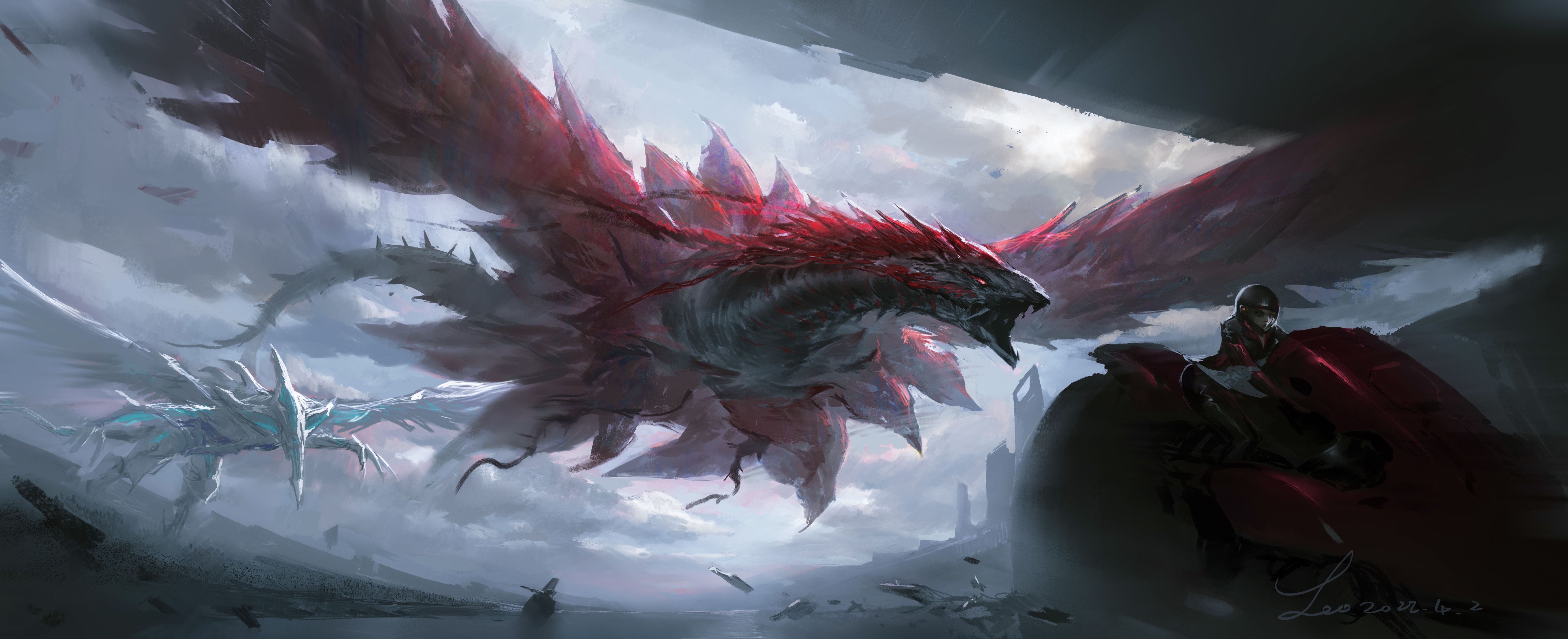 6667x2717 Black Rose & Stardust Dragon 4K Ultra HD Yu Gi Oh! Anime Wallpaper By 不想当画家的 LEO