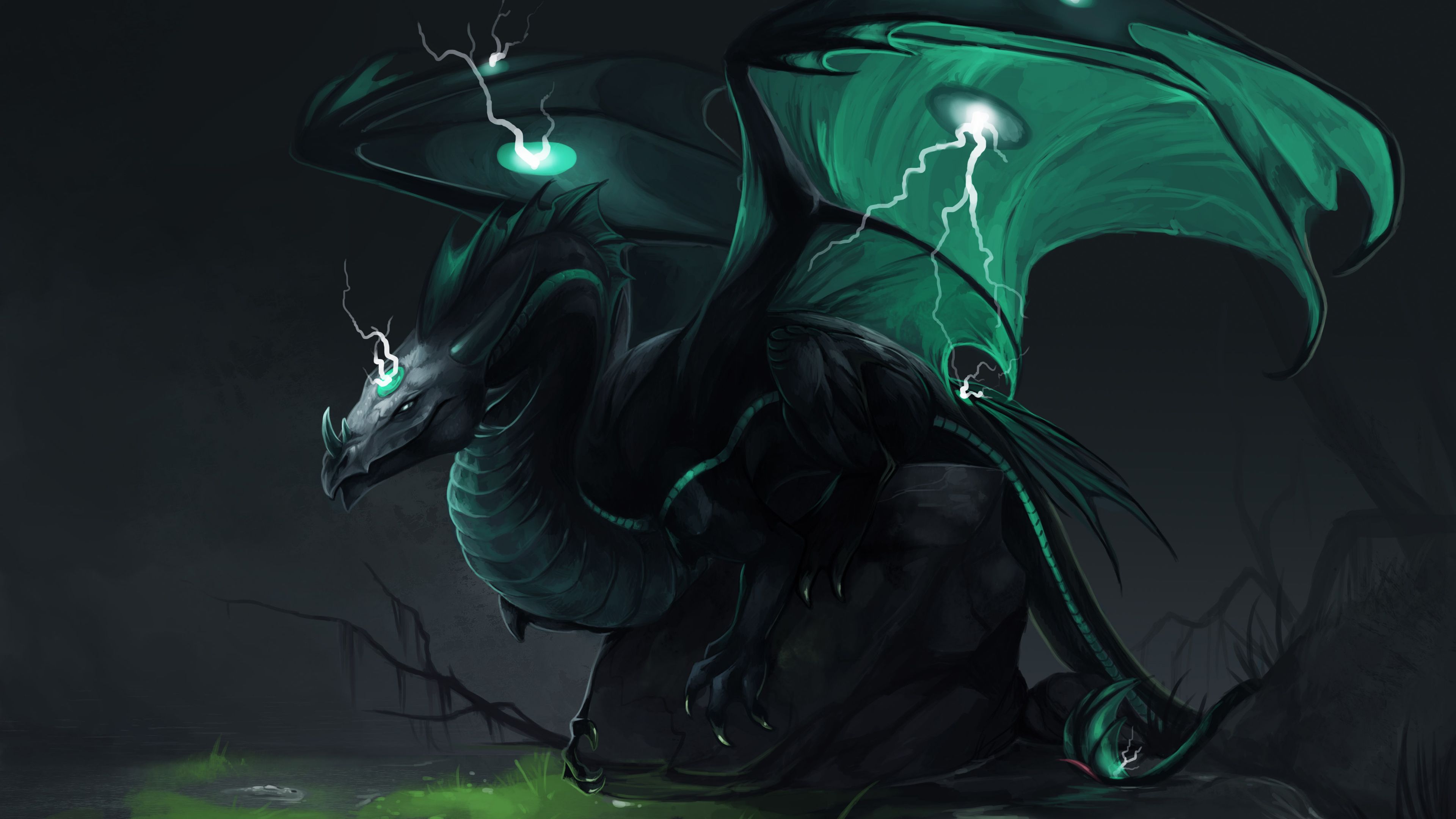 3840x2160 Fantasy Green And Black Dragon Is Sitting On A Greenfield 4K HD Dreamy Wallpaper
