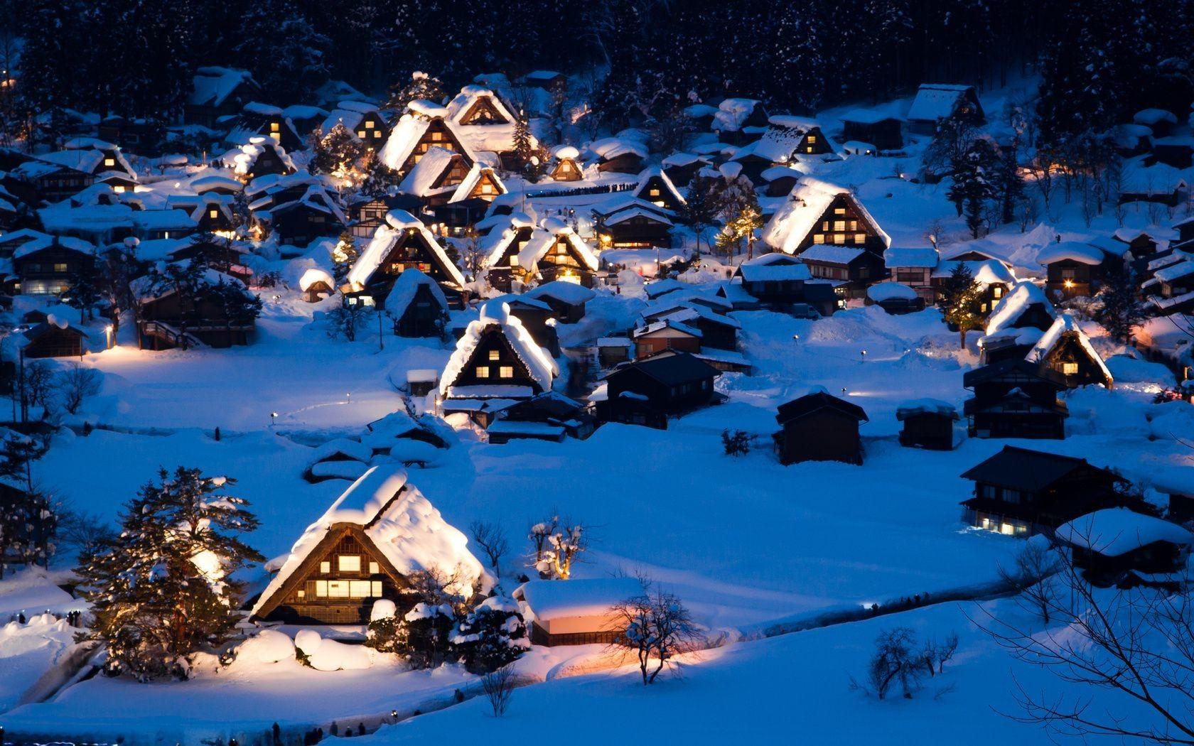 1680x1050 Winter nature landscape house snow night