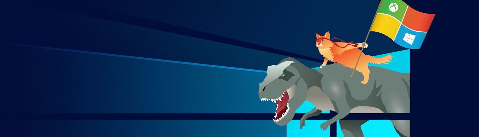 1680x480 Windows 10 T Rex And Ninja Cat • Image • WallpaperFusion