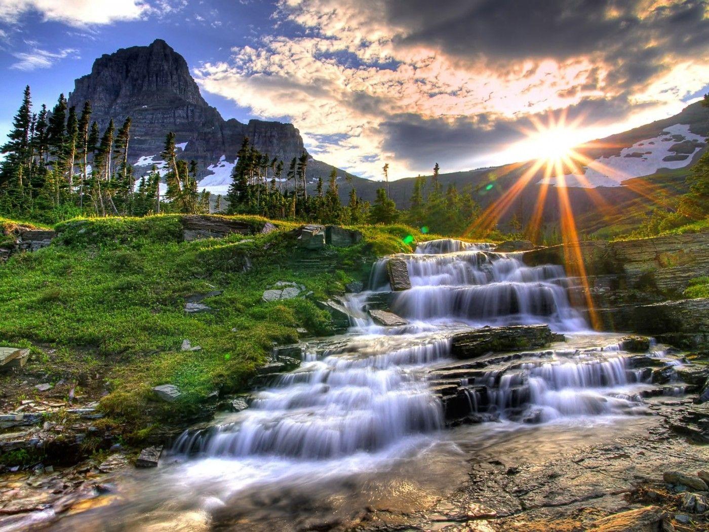 1400x1050 Waterfall Sunrise Mountain Wallpaper 889 1400x1050