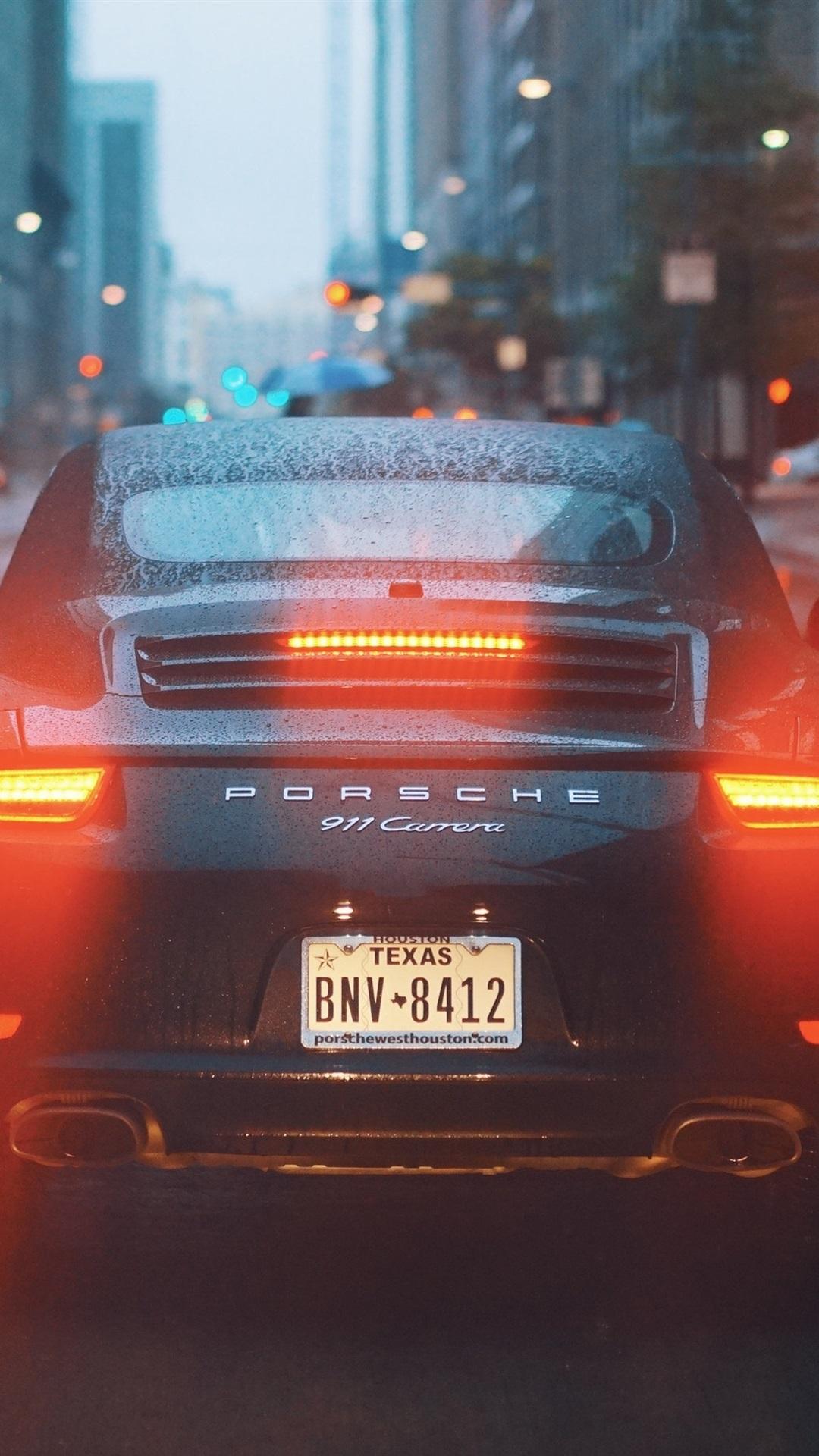 1080x1920 Porsche 911 Carrera supercar back view, water drops, city, road
