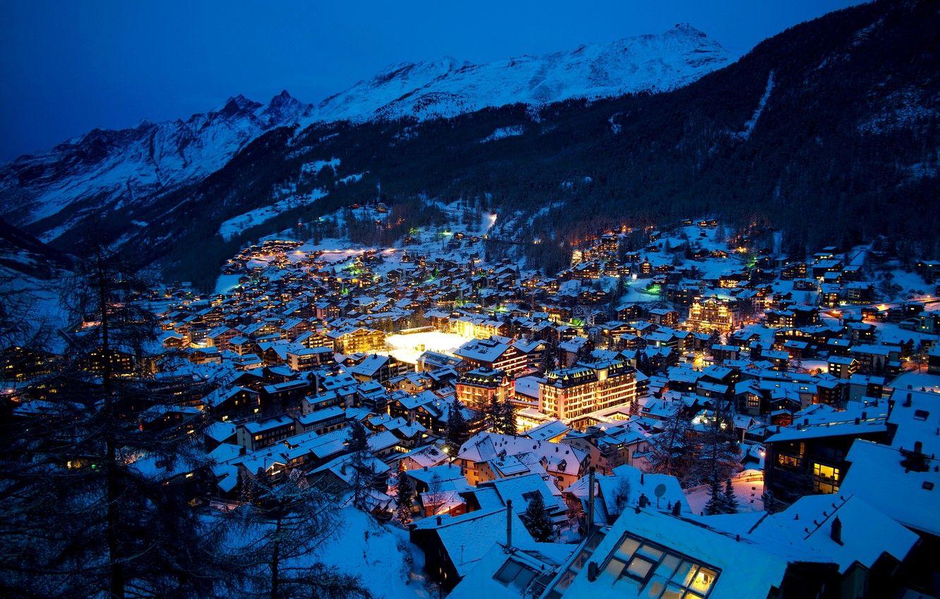 1332x850 Wallpaper winter, snow, trees, mountains, night, lights, home