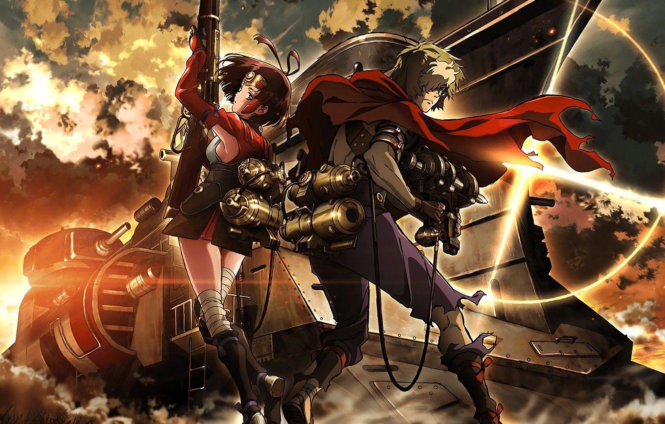 1332x850 Wallpaper zombie, gun, undead, sky, weapon, anime, cloud, sun