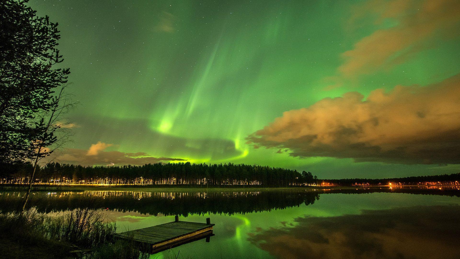 1920x1080 Lake Aurora Lights Reflection Night View Wallpaper