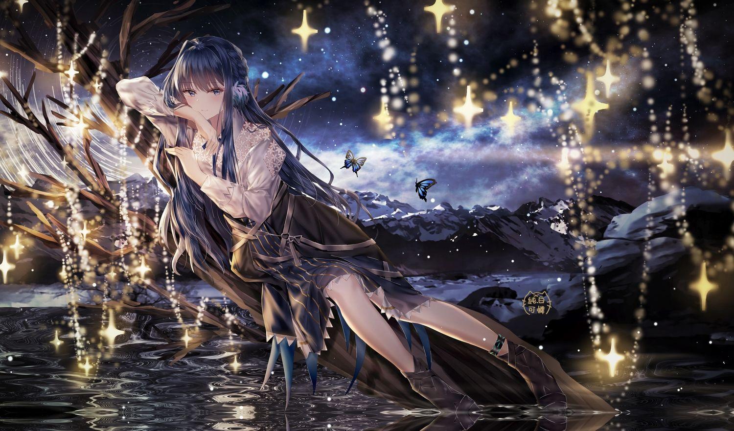1500x881 arknights astesia (arknights) blue eyes blue hair butterfly clouds