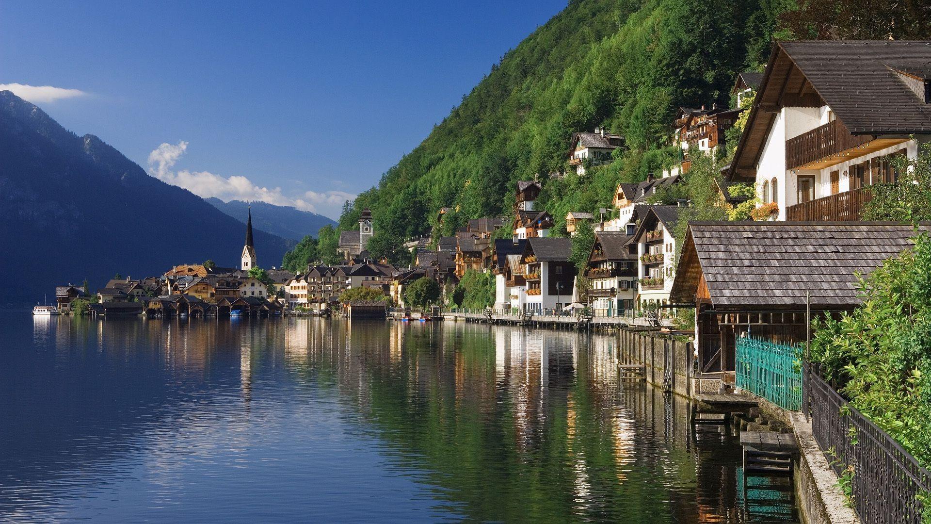 1920x1080 Salzkammergut Hallstatt river town Hallstatt Austria au wallpaper (phone background)