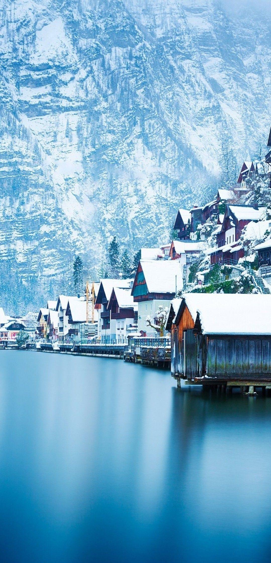 1080x2240 Download 1080x2240 Austria, Hallstatt, Village, Lake, Houses
