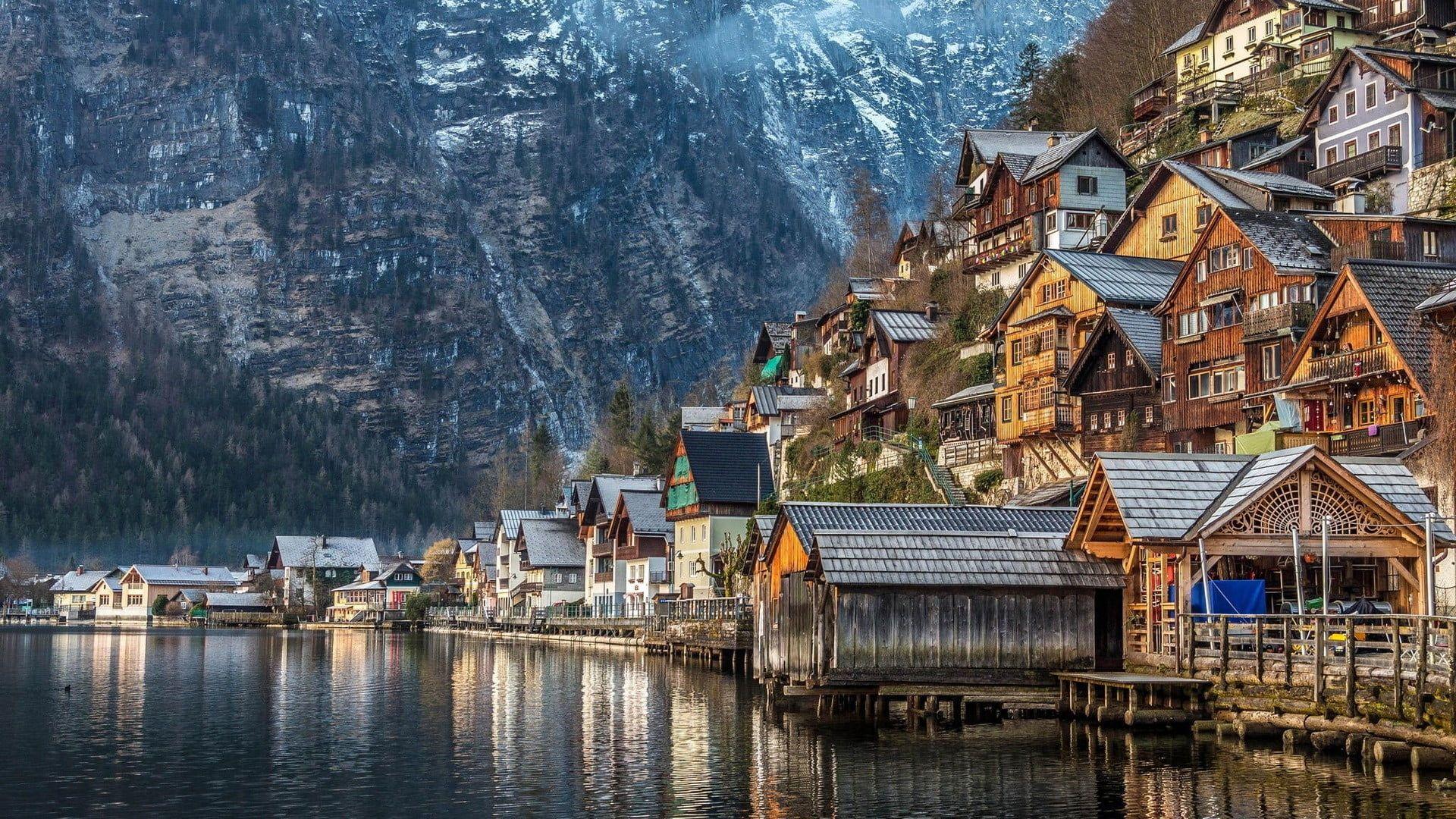 1920x1080 Brown building near body of water, landscape, Bad Goisern