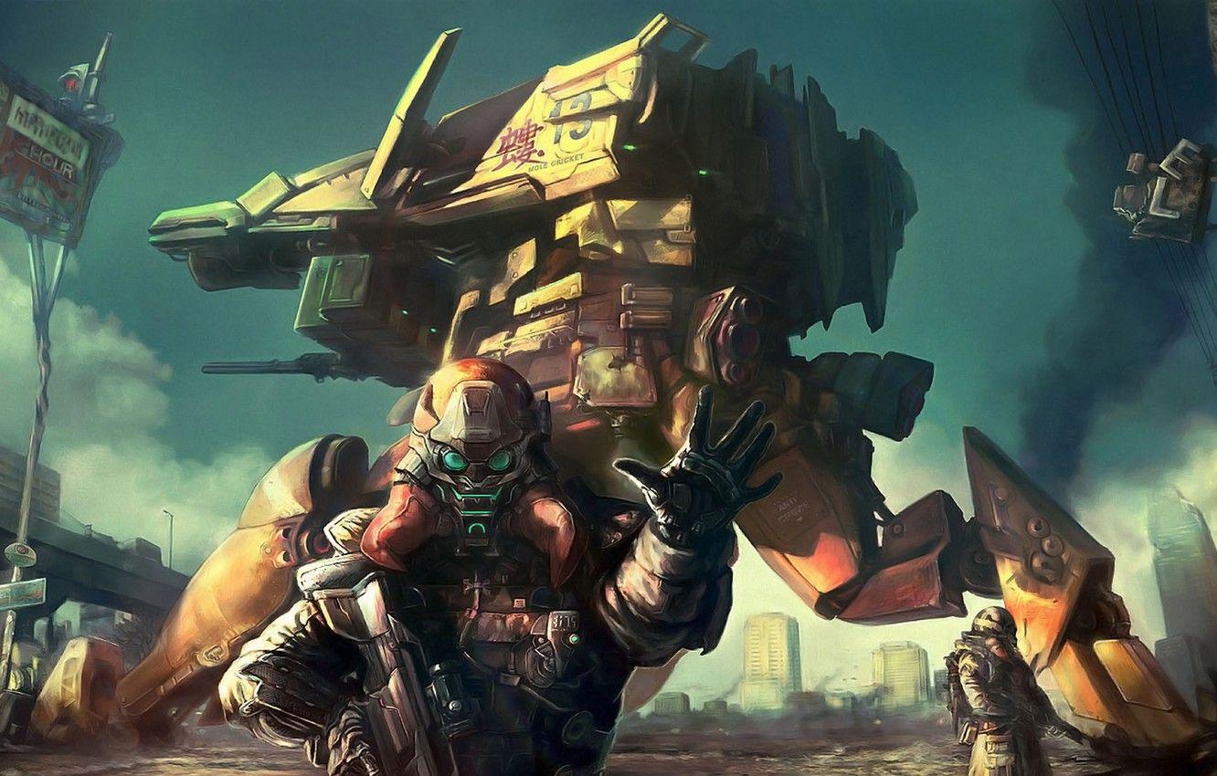 1332x850 Wallpaper weapons, smoke, robot, soldiers, armor, restricted area