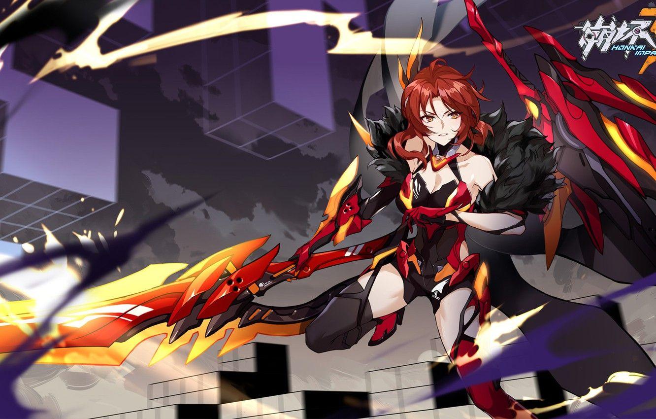 1332x850 Wallpaper girl, weapons, the game, anime, fur, armor, Honkai