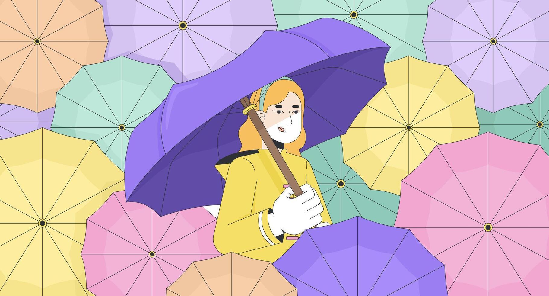 1820x980 Raincoat woman with umbrella in parasols rain weather lofi wallpaper. Resilience. Dreamy rainy day nostalgia vibes 2D cartoon flat illustration. Iimage lo fi aesthetic color background