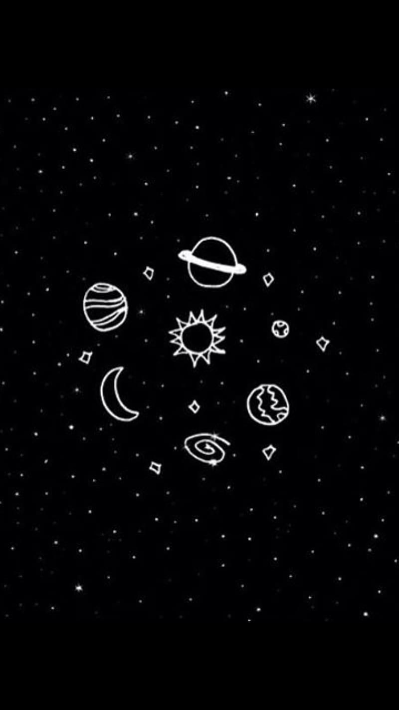 800x1422 Aesthetic Black Planets And Stars, aesthetic black, planets, stars, white, sun, HD phone wallpaper