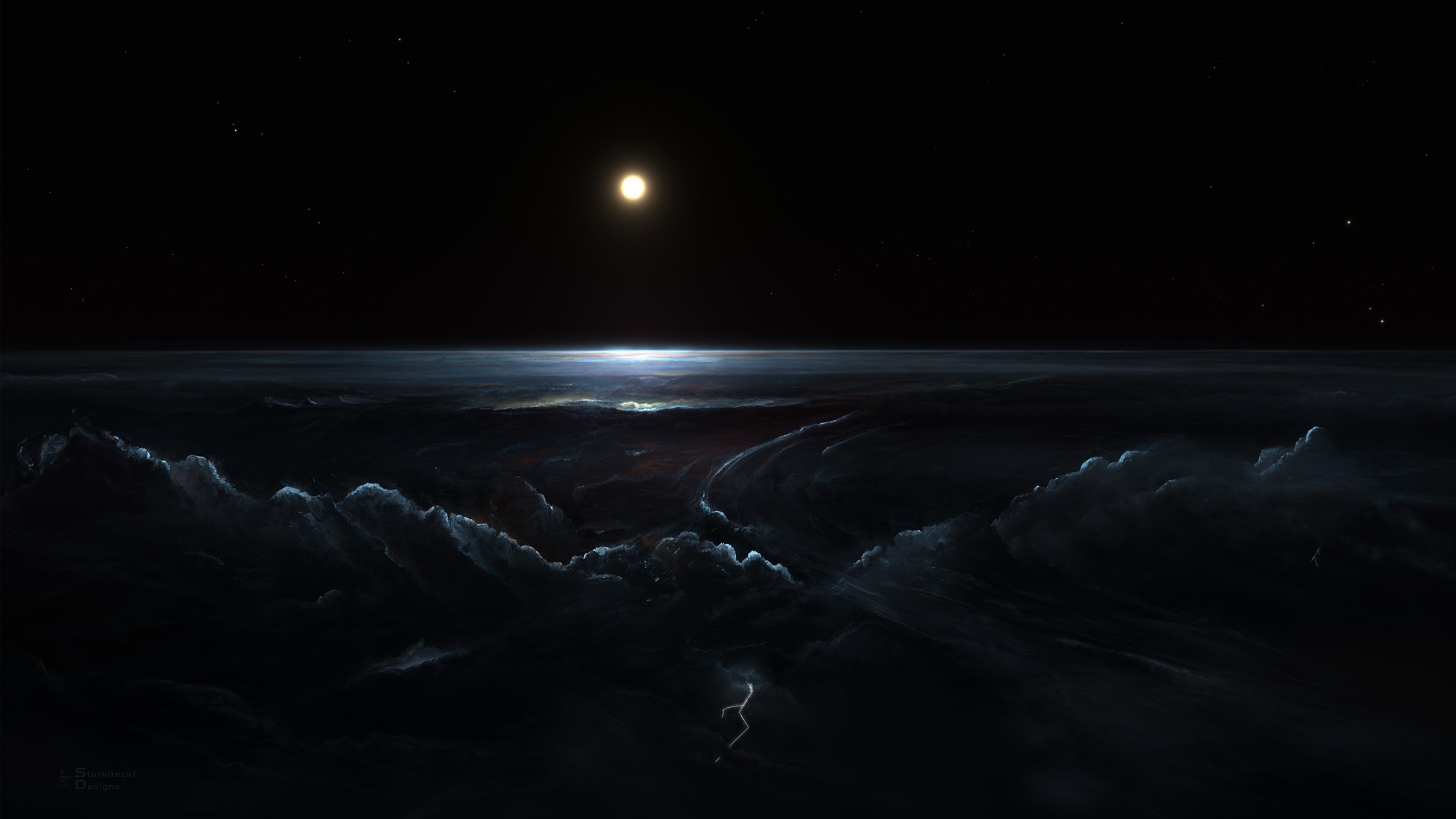 3840x2160 4K, clouds, dark, lightning, black, stars, Sun, galaxy, Moon, space, HD Wallpaper
