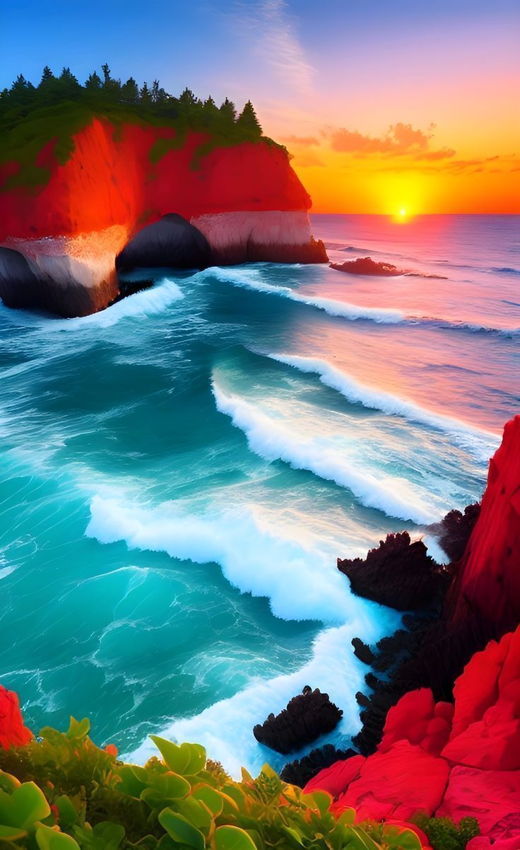 736x1202 Super realistic landscape sea waves rocks. Illustration wallpaper nature