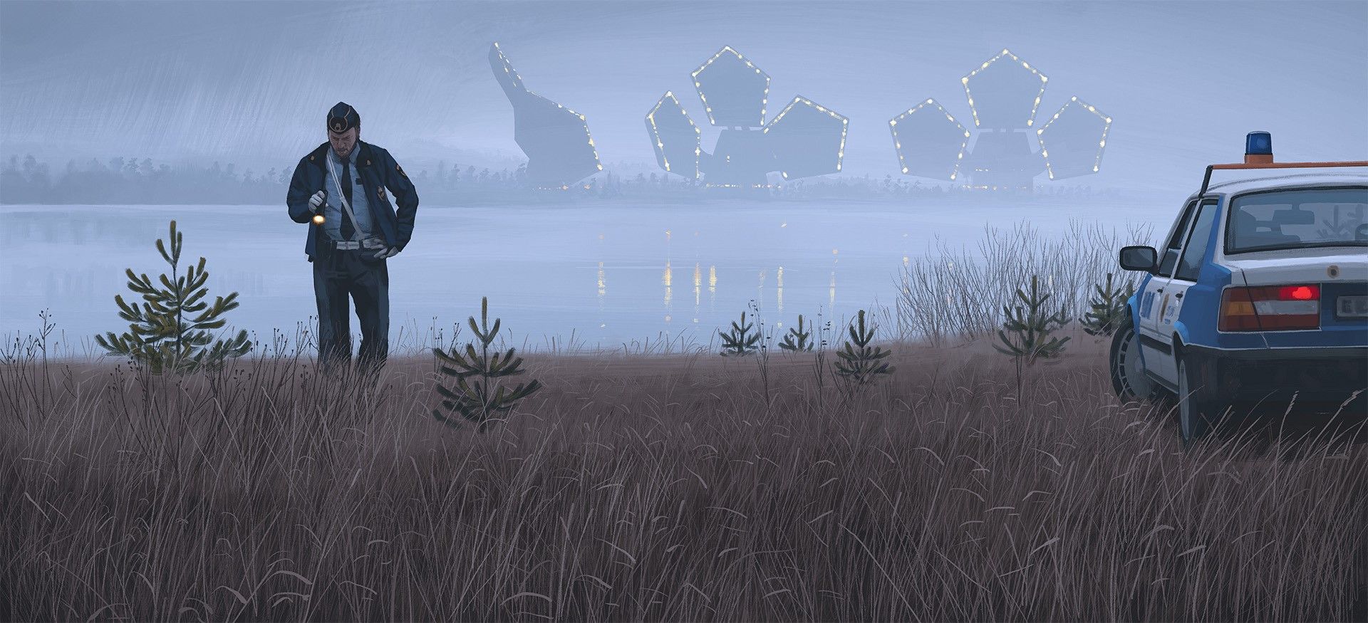 1920x875 artwork, Simon Stålenhag, science fiction, futuristic, police cars, wheat, Tales From The Loop HD Wallpaper