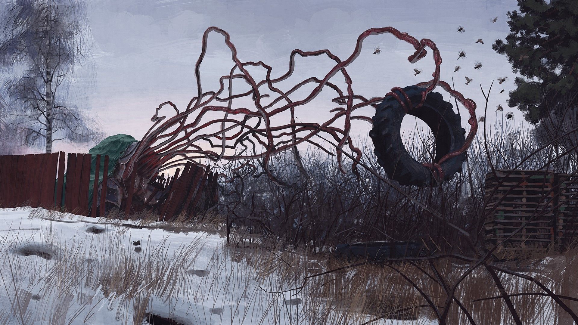 1920x1080 artwork, Simon Stålenhag, science fiction, futuristic, tire, snow, Tales From The Loop HD Wallpaper