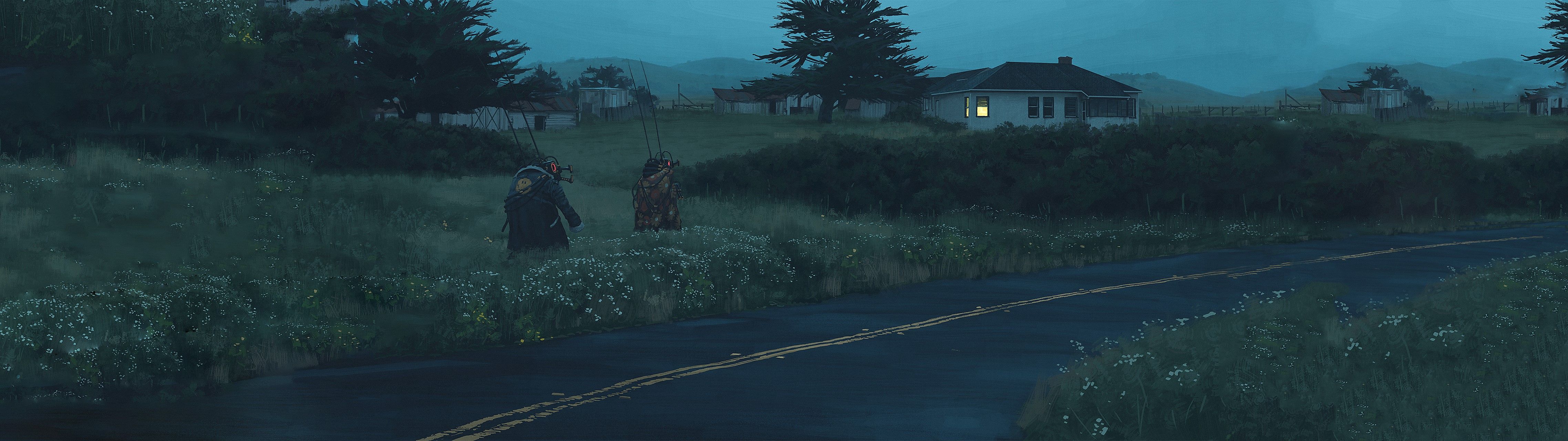 4552x1280 4K, road, Tales From The Loop, ultrawide, Simon Stålenhag, house, artwork, HD Wallpaper