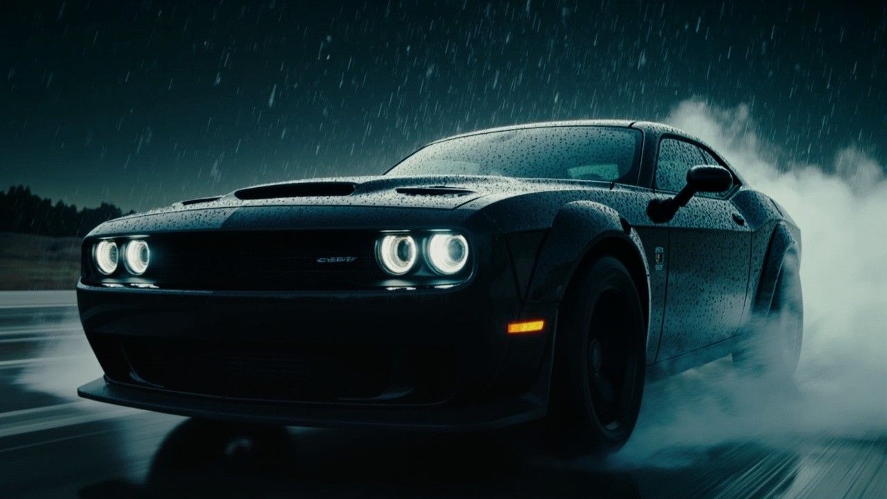 1280x720 Dodge Challenger Demon 170 Moving Fast in Rain with Lights On