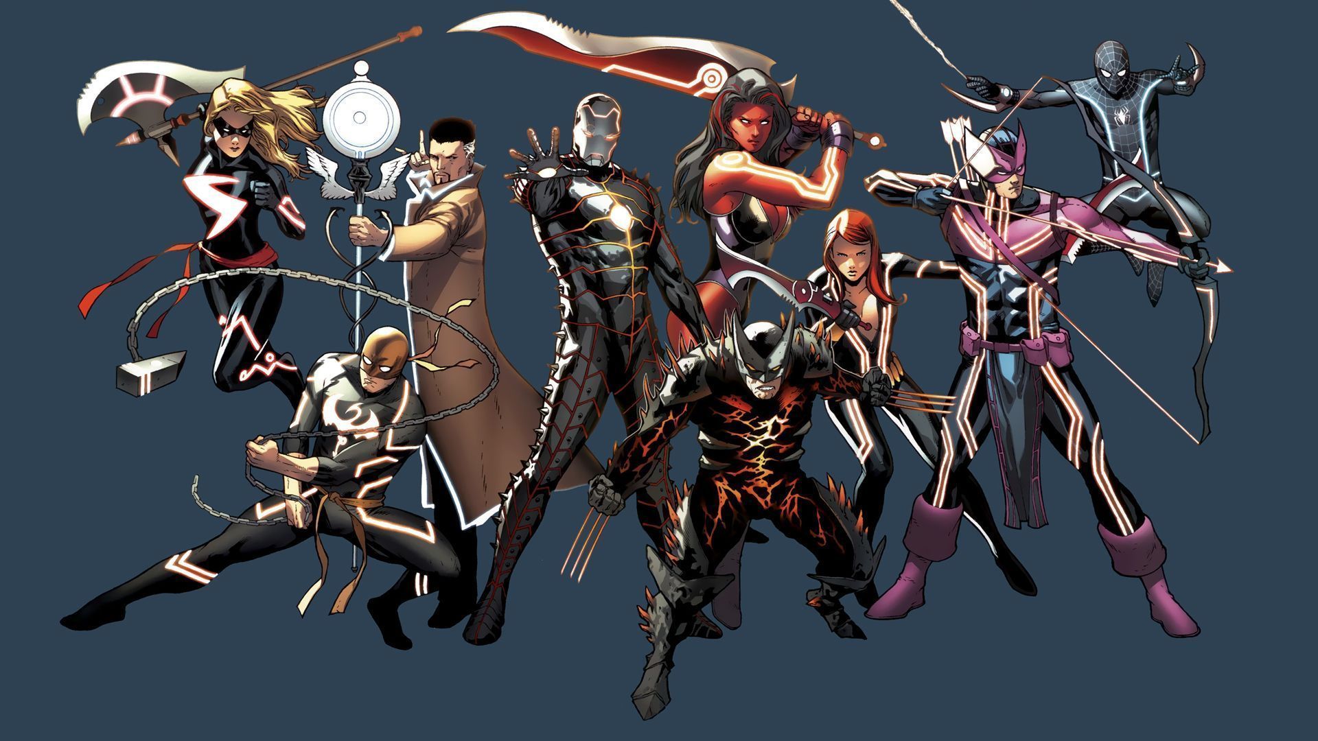 1920x1080 iron, Man, Spider man, Wolverine, Superheroes, Weapons, Iron, Fist, Black, Widow, Bodysuits, Artwork, Marvel, Comics, Hawkeye, Ms, , Marvel, Swords, Bow, weapon, Red, She, Hulk, Doctor, Strange Wallpaper HD / Desktop