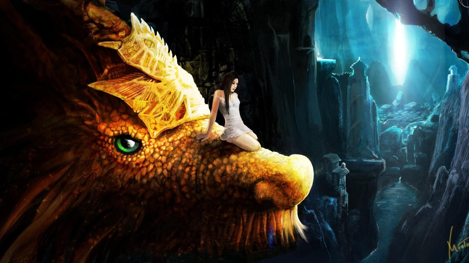 1920x1080 Woman and Dragon Wallpaper