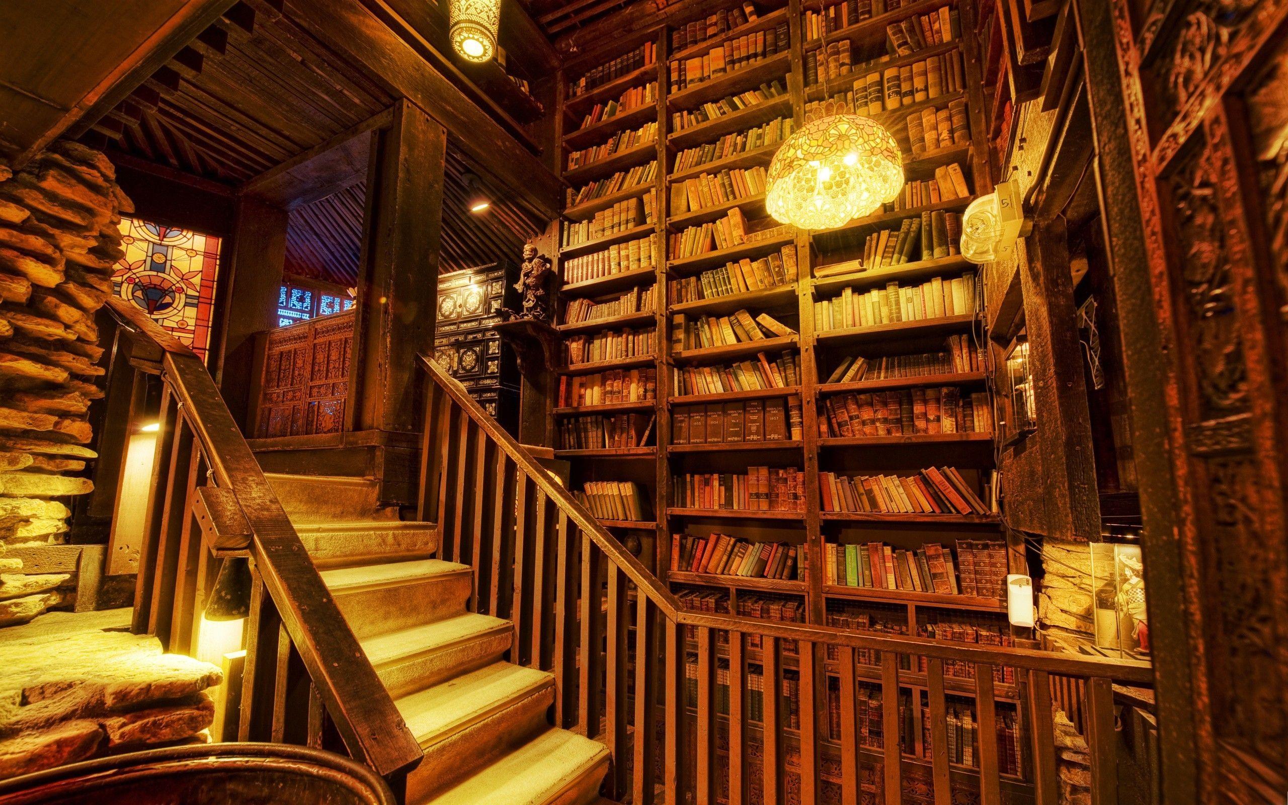 2560x1600 #stairs, #books, #wood, #library, wallpaper. Anime