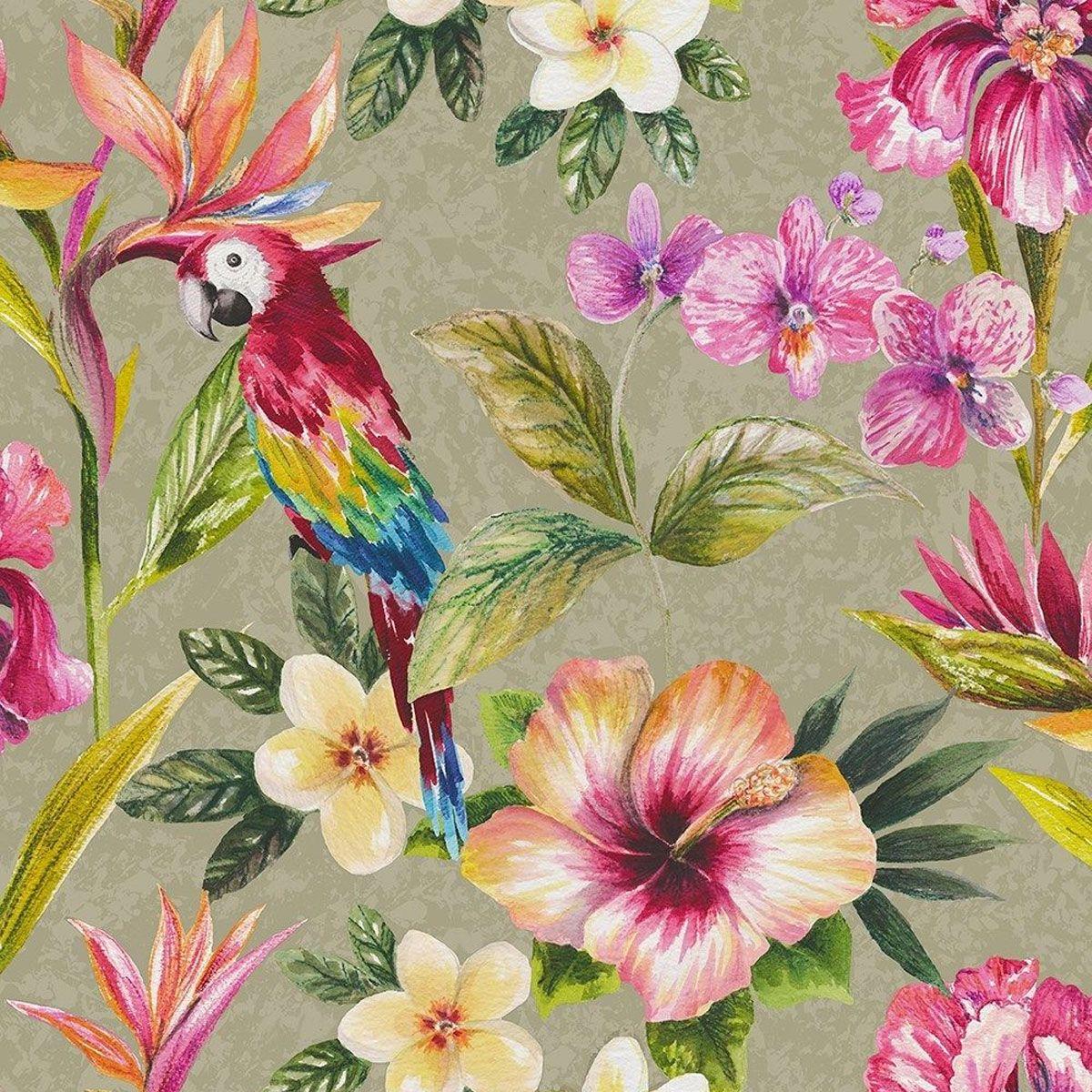 1200x1200 Tropical Parrot Wallpaper Birds Flowers Floral Leaves Leaf Metallic Shiny Gold