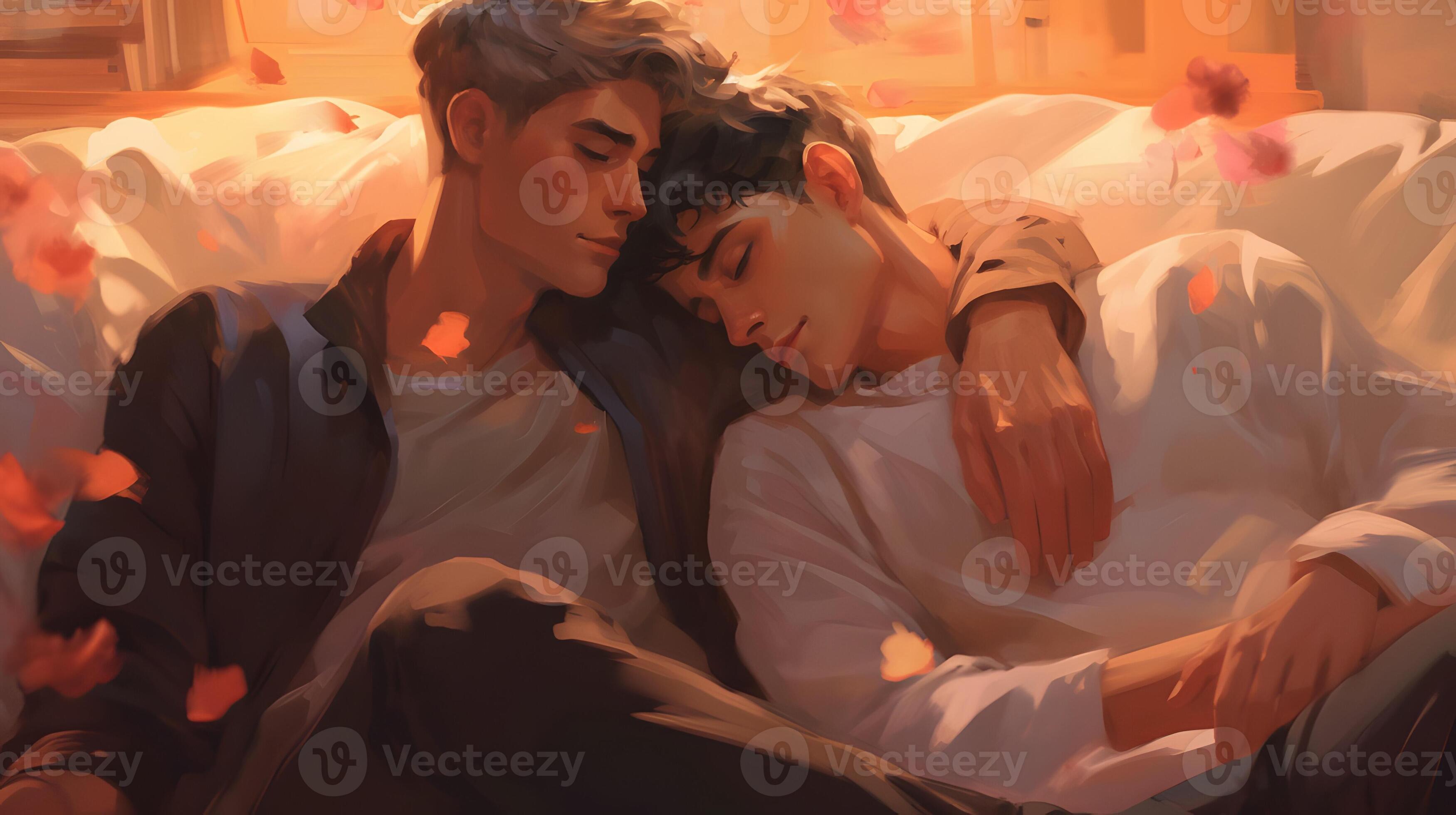 3501x1960 Gay couple cuddling wallpaper, young handscome men, oil painting