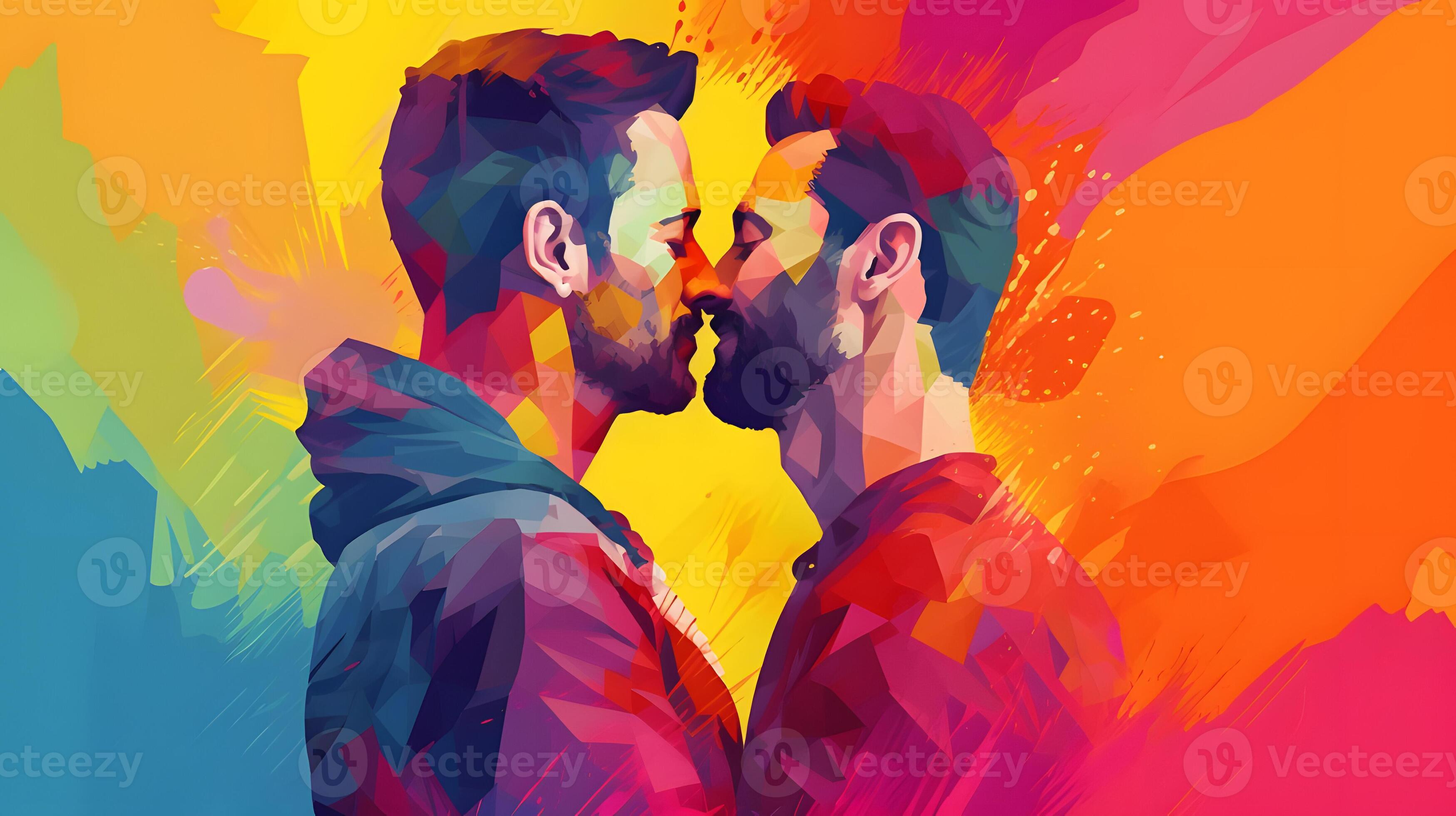 3498x1960 Gay couple kissing wallpaper, young handscome men, digital painting