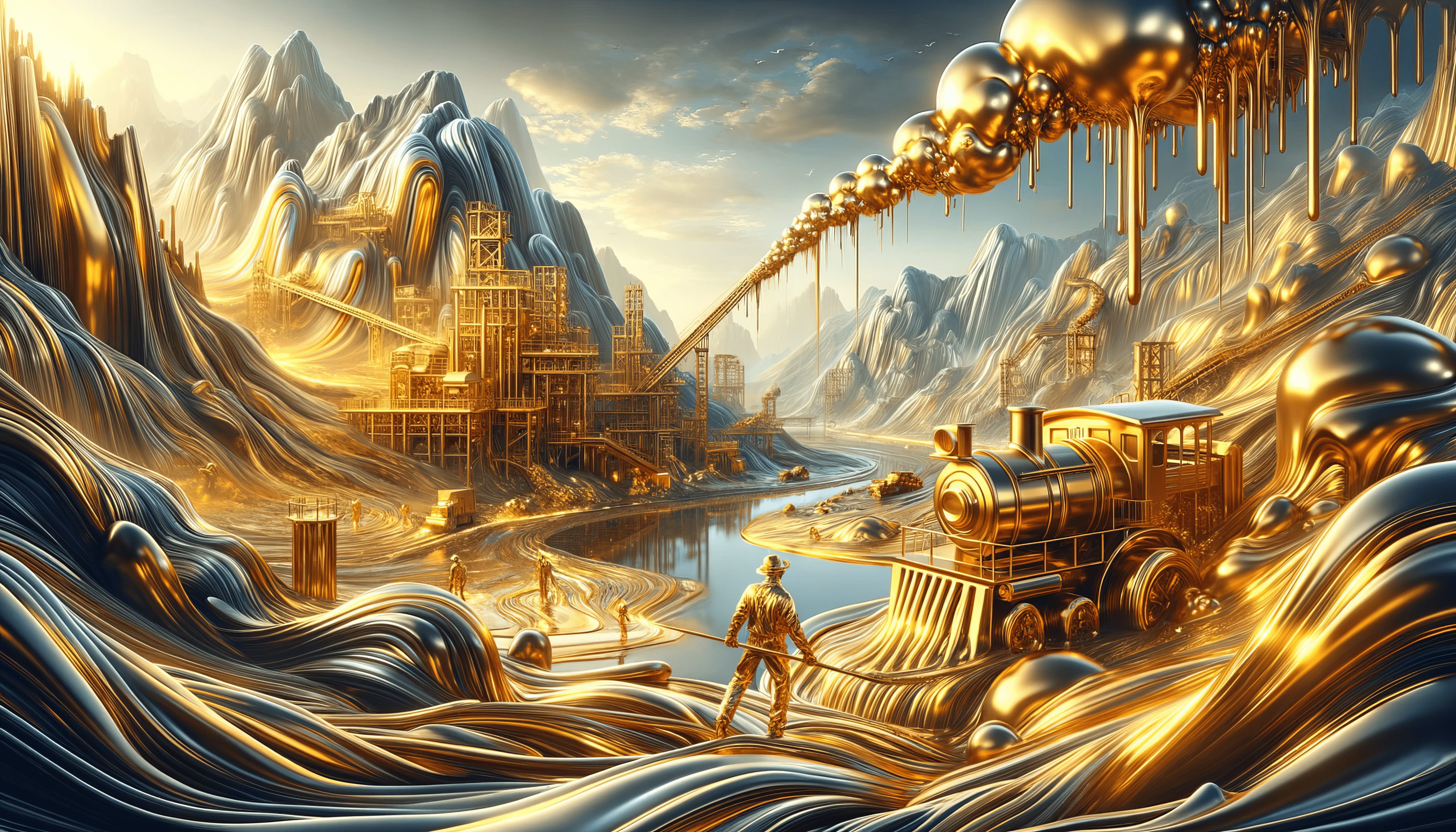 3584x2048 Golden Mining Fantasy Landscape HD Wallpaper