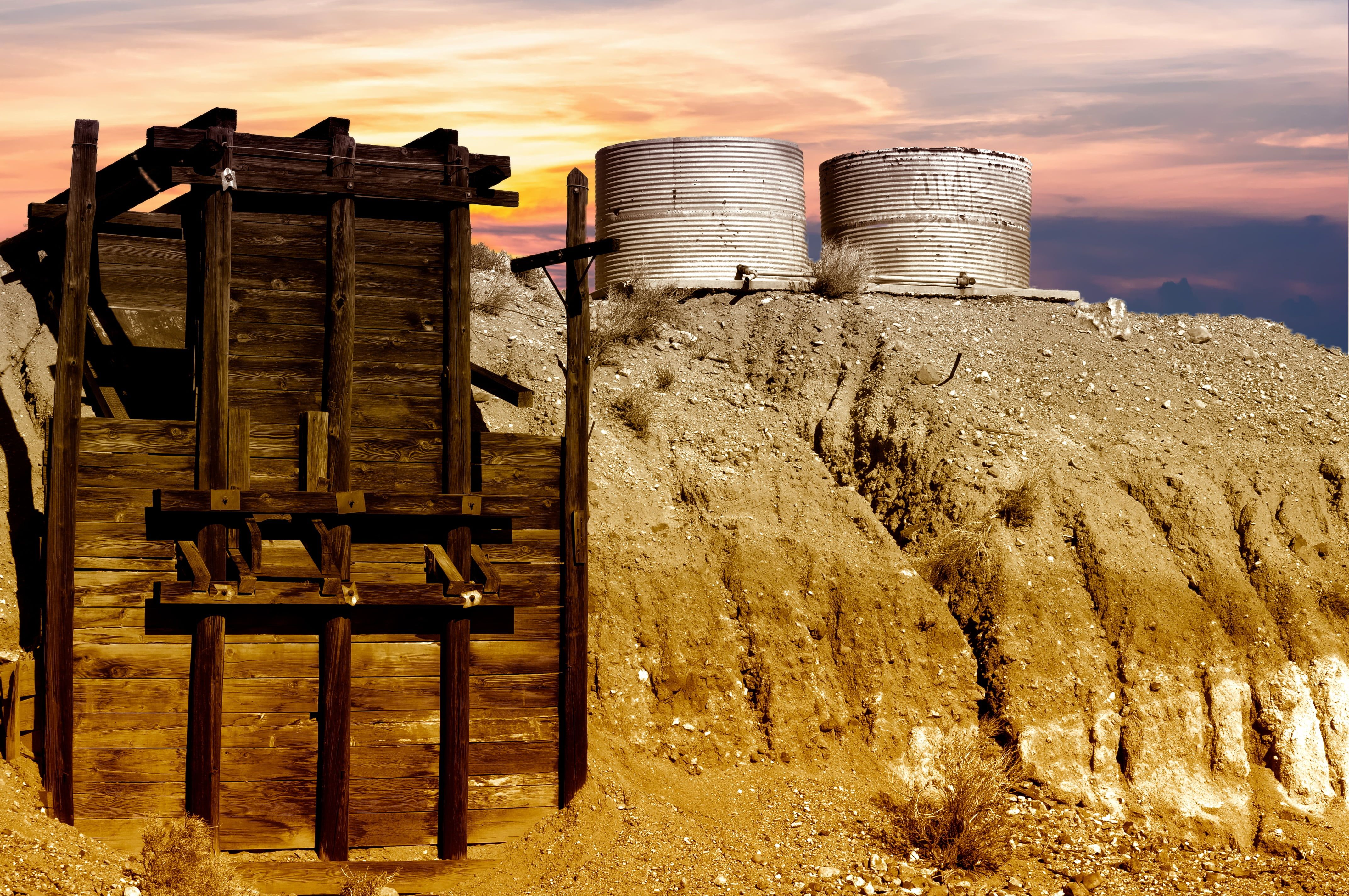 4288x2848 landscape, land, gold mine, sky, no people, storage compartment, 4K, sunlight, desert, shed, agriculture, abandoned, rock, day, field, cloud, industry HD Wallpaper
