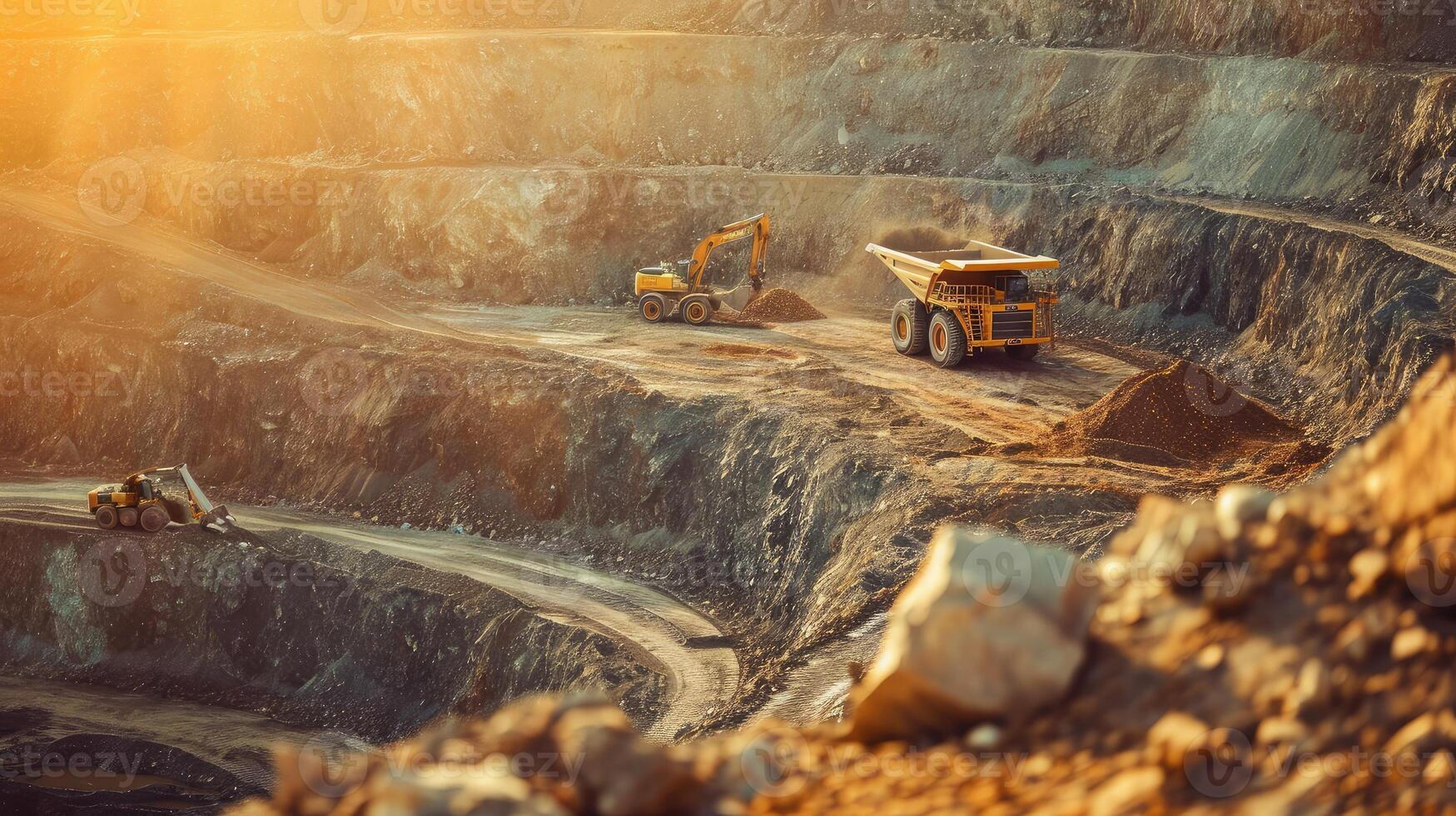 1749x980 AI generated Work of trucks and the excavator in an open pit on gold mining