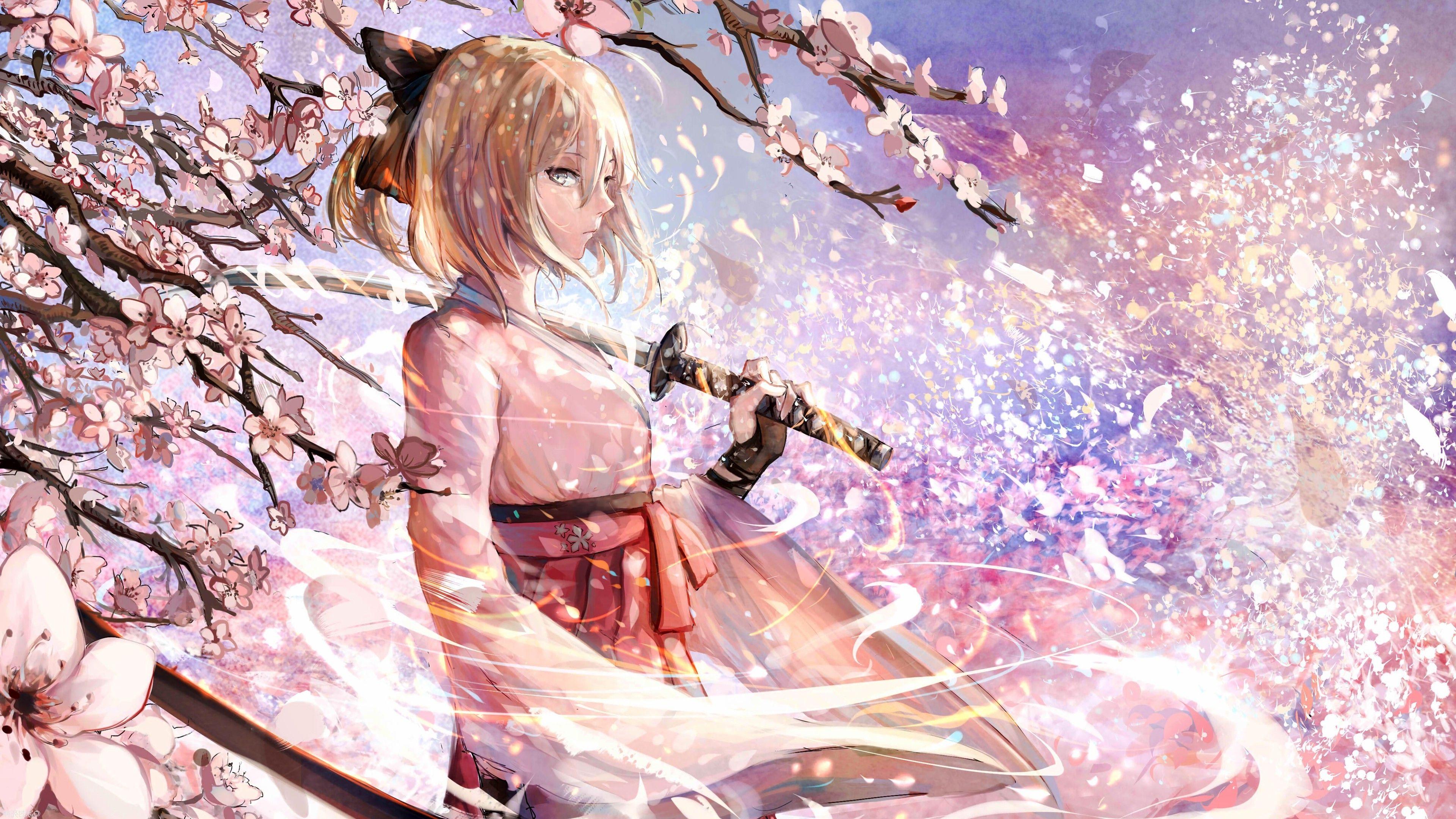 3840x2160 Anime Girls, Katana, Sakura Saber, Miko, Fate Grand Girl
