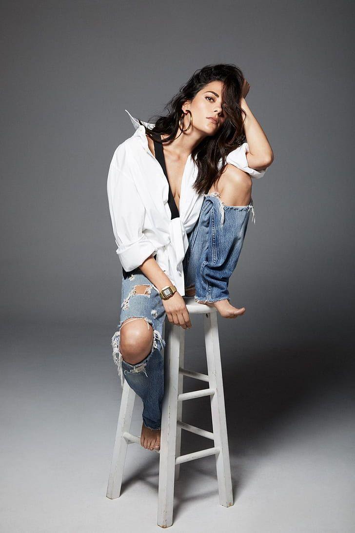 728x1092 HD wallpaper: Inbar Lavi, women, actress, torn jeans, barefoot